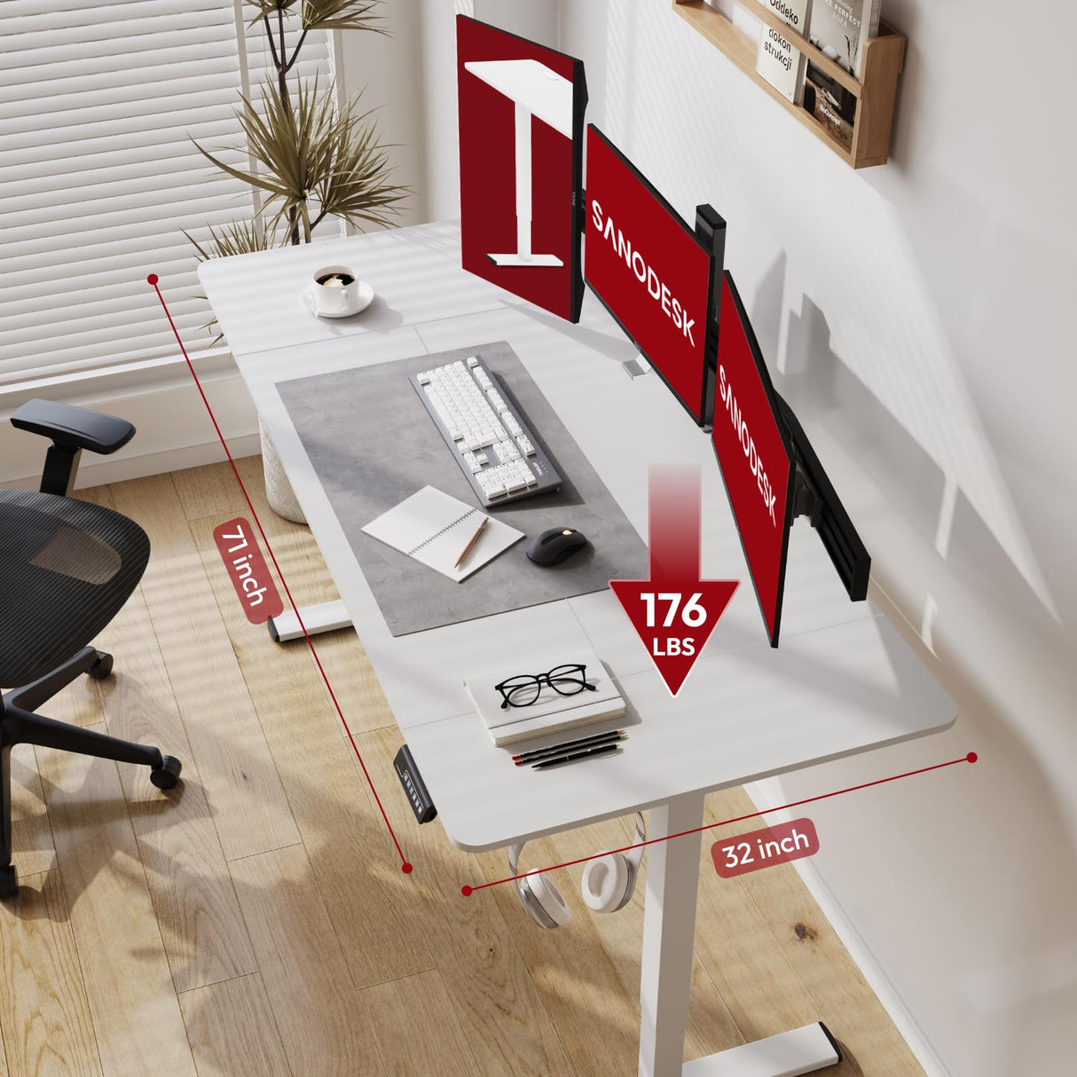 SANODESK Electric Standing Desk 71x32 Inch Height Adjustable Stand Up Desk Home Office Computer Workstation Sit Stand Home Office Desk with Splice Board (White Frame + White Top) SANODESK