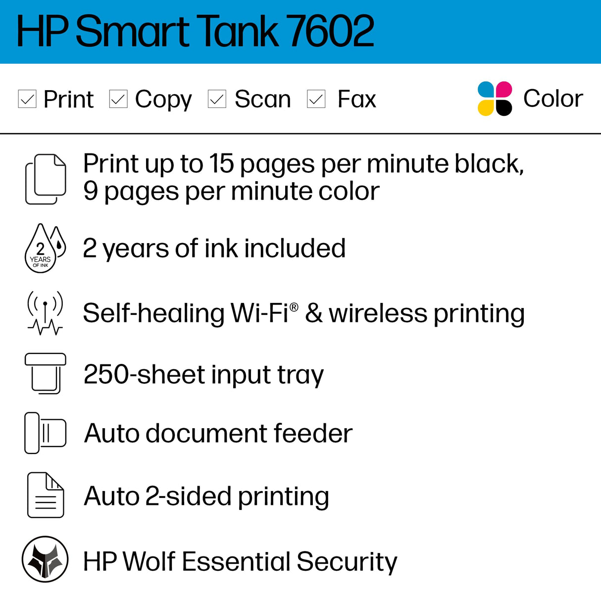 HP Smart Tank 7602 Wireless All-in-One Ink Tank Printer with 2 years of ink included,Print, scan, copy, fax, Best-for-home, Refillable ink tank (28B98A) HP