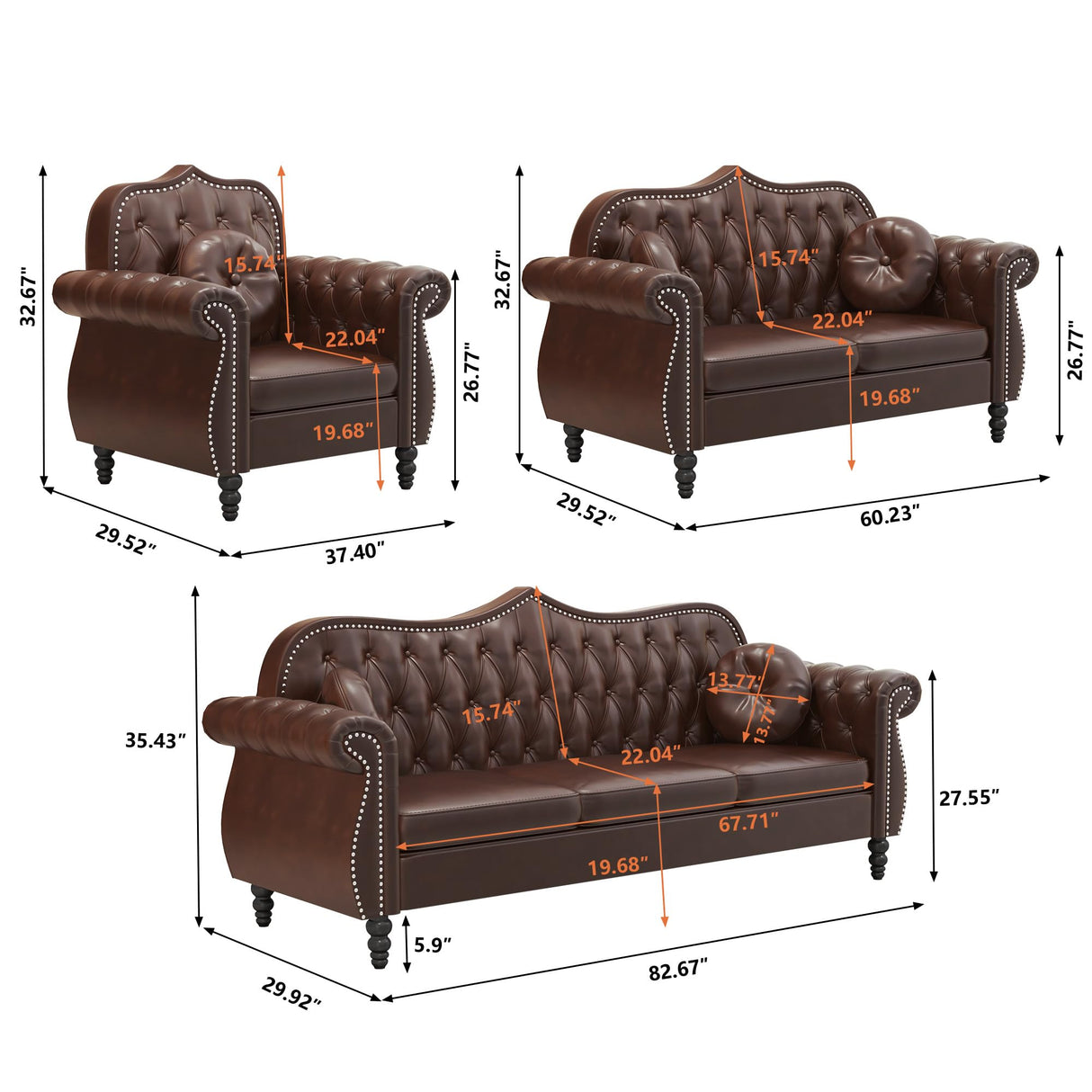 AVZEAR 82" Three Seater Sofa, Chesterfield Sofa, Mid-Century Modern PU Upholstered Sofa, Deep Button Tufted Living Room Sofa with Two Throw Pillows, Brown AVZEAR