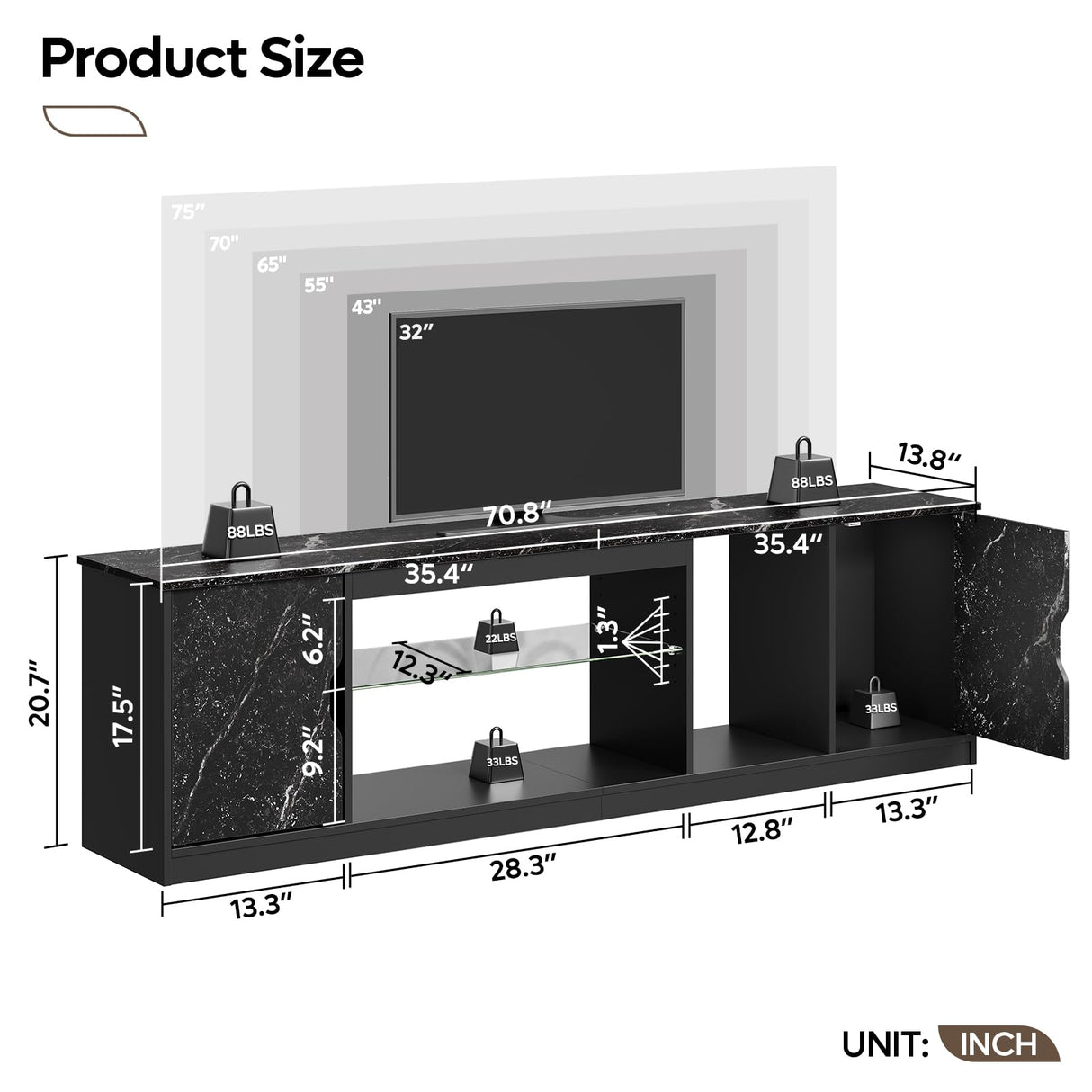 Bestier TV Stand for 65/70/75/80 inch TV, 70 inch LED Entertainment Center with Storage for PS5 Xbox, Modern TV Console Table for Living Room Bedroom, Adjustable Glass Shelf, Black Marble Bestier