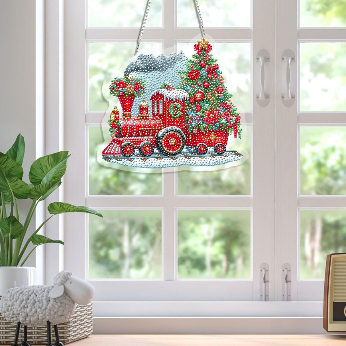 Skyboda Train Diamond Art Hanging Kits for Adults Beginners, DIY Acrylic 5D Special Shaped Crystal Diamond Gem Art Painting Hanging Ornament for Home Wall Decor and Gift(Christmas Tree Red Train) Skyboda