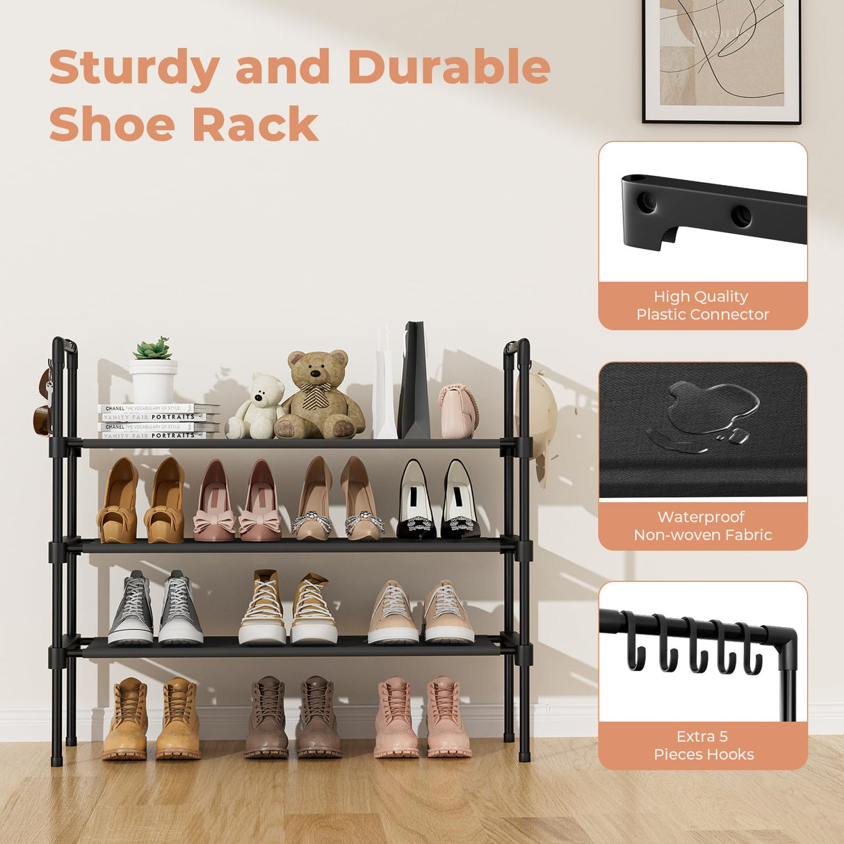 LANTEFUL 3 Tier Shoe Rack for Closet, Shoe Organizer with 5 Hooks, Long Shoe Shelf Storage for Shoe and Boot Stackable Free Standing Shoe Rack for Entryway, Garage, Small Spaces, Dorm, Black LANTEFUL