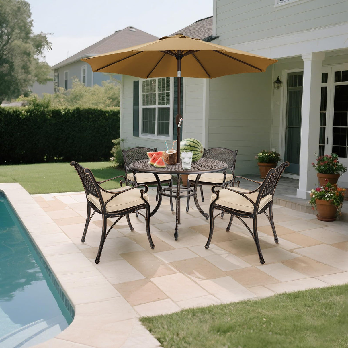 Mazatzal 5-Piece Patio Dining Set, Outdoor All-Weather Cast Aluminum Furniture Set with Umbrella Hole, Outside Table and Chair Set with Cushions, Large Metal Table and Patio Chairs for Patio Garden Mazatzal