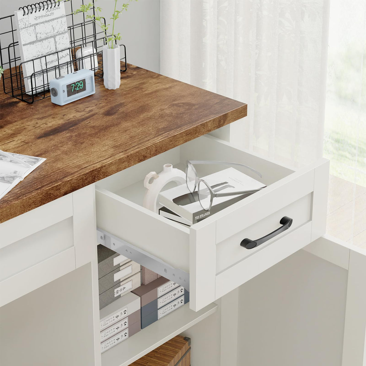 Farmhouse 47" Executive Desk, Computer Desk with Drawers and Storage Cabinet, Workstation Computer Desk for Home Office, Study.(White. Vabches