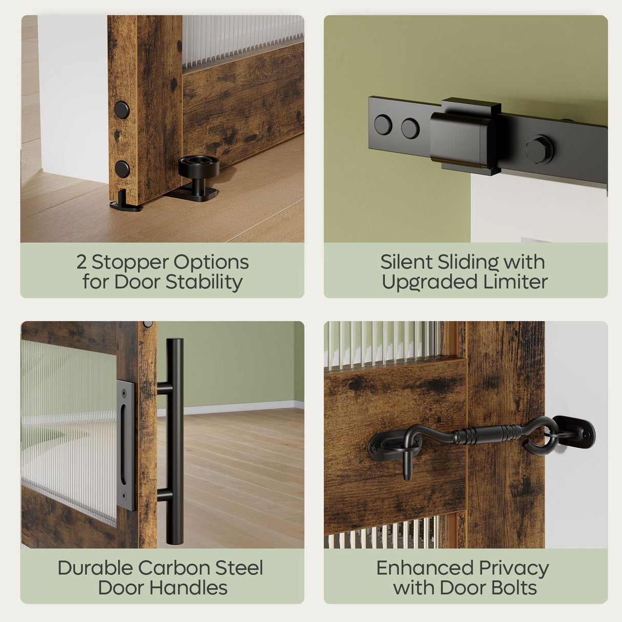 Bestier 48in x 84in Farmhouse Glass Barn Door with 8ft Hardware Kit & Handles, MDF Barn Door Covered with Water-Proof & Scratch-Resistant PVC Surface, Easy Assembly, 5-Panel, Rustic Brown Bestier