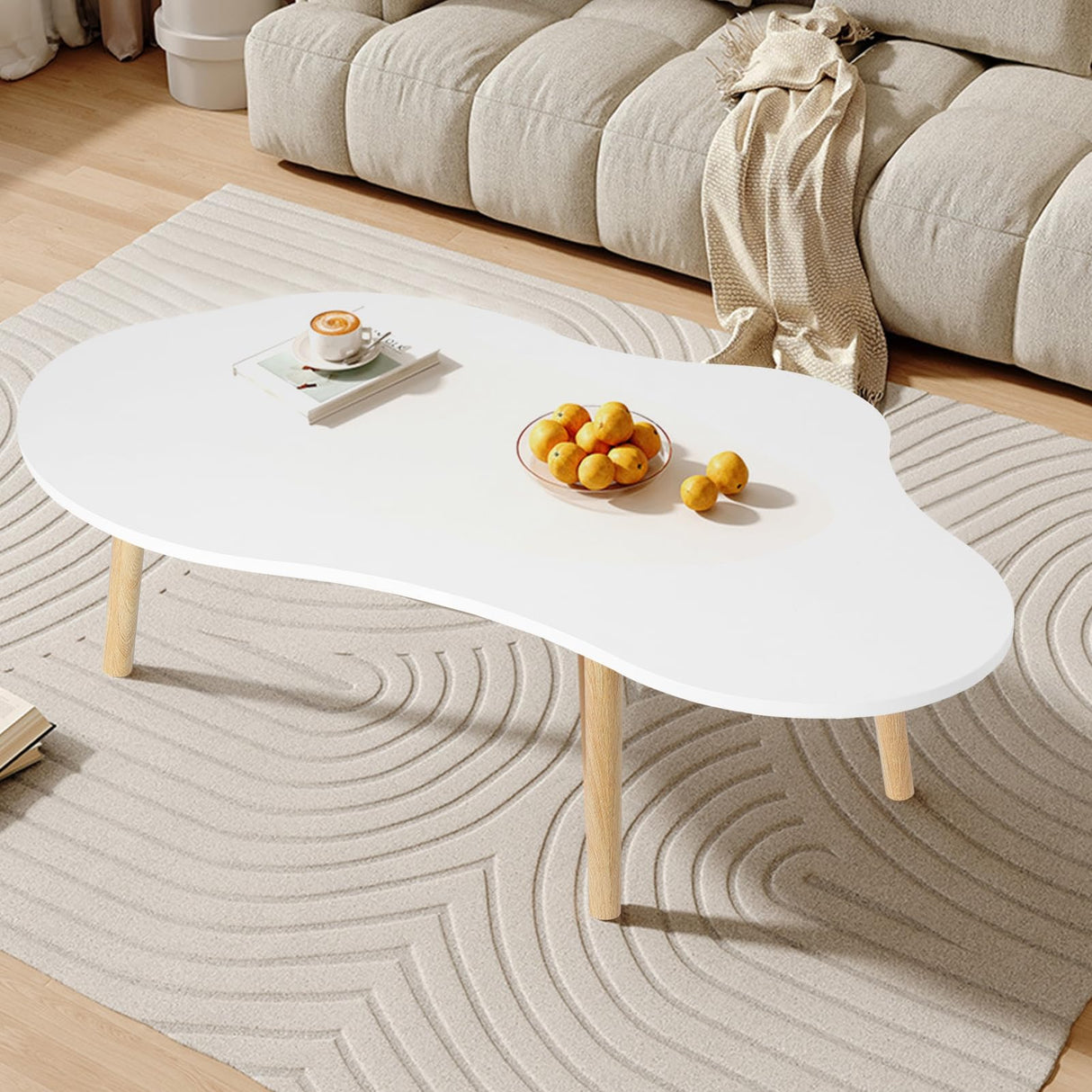 Small Coffee Table, Modern Coffee Table Small White Coffee Tables, Living Room Center Minimalist Display Coffee Table with Cloud Shape, 39.4" x19.7 x16.1 Irregular Coffee Table White PERZOE
