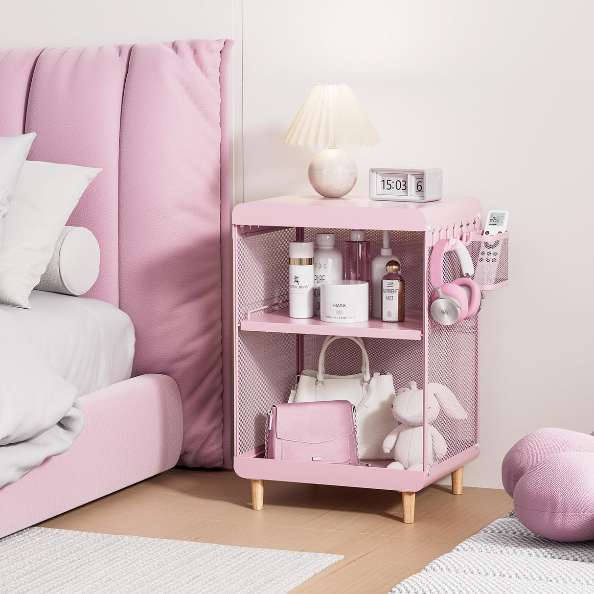 SYKIARIOL Cute Bedside Nightstand Table, Girls Metal Side Table, Kid End Table with Storage for Living Room Bedroom Kid's Room Dorm Office (Classic Pink) SYKIARIOL