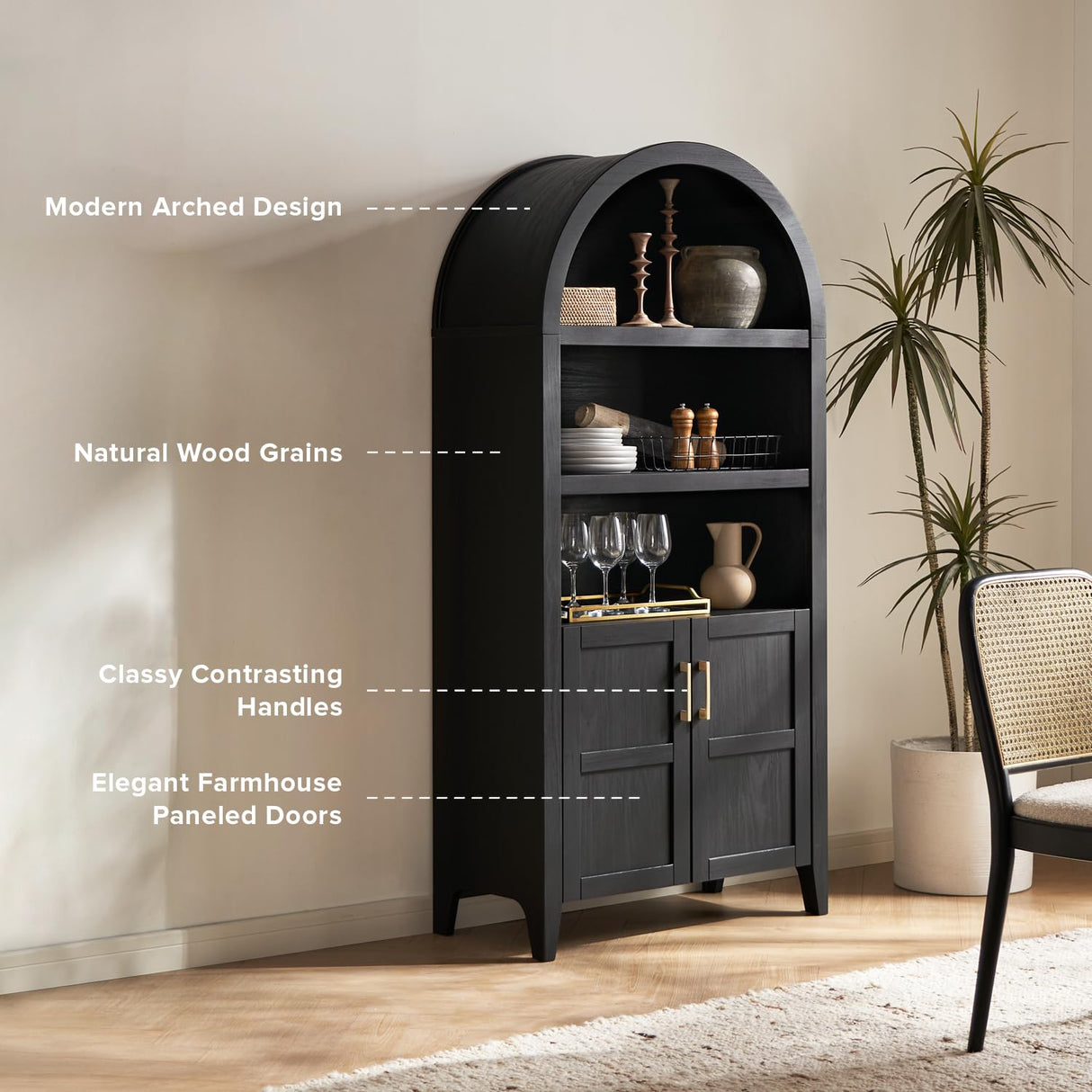 mopio Lauren 65.4" Short Arched Cabinet, 5-Tier Arched Bookcase with Doors and Shelves, Mini Arched Bookshelf with Storage, Kitchen Pantry Cabinet, Wooden Storage Cabinet for Living Room (Black) mopio