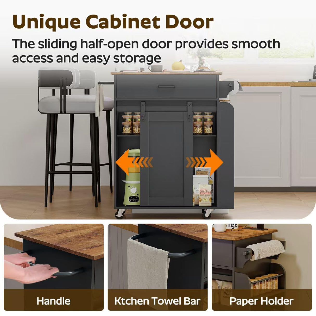 YATINEY Kitchen Island with Storage, Kitchen Storage Cabinets with Charging Station, Kitchen Island on Wheels, Rolling Island Table with Sliding Cabinet Door, Black and Rustic Brown ZD01UBR YATINEY