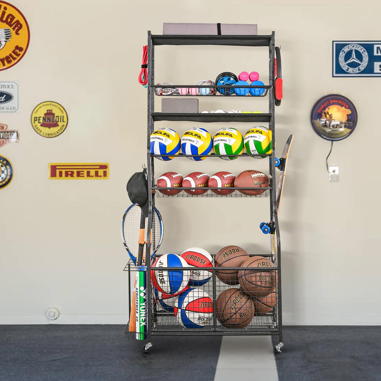 Mythinglogic Garage Sports Equipment Organizer, Ball Storage Extra Large Capacity Six Tier Sports Organizer for Garage, Basketball Rack with Hooks and Baskets for Football, Soccer Ball, Bat, Toys Mythinglogic