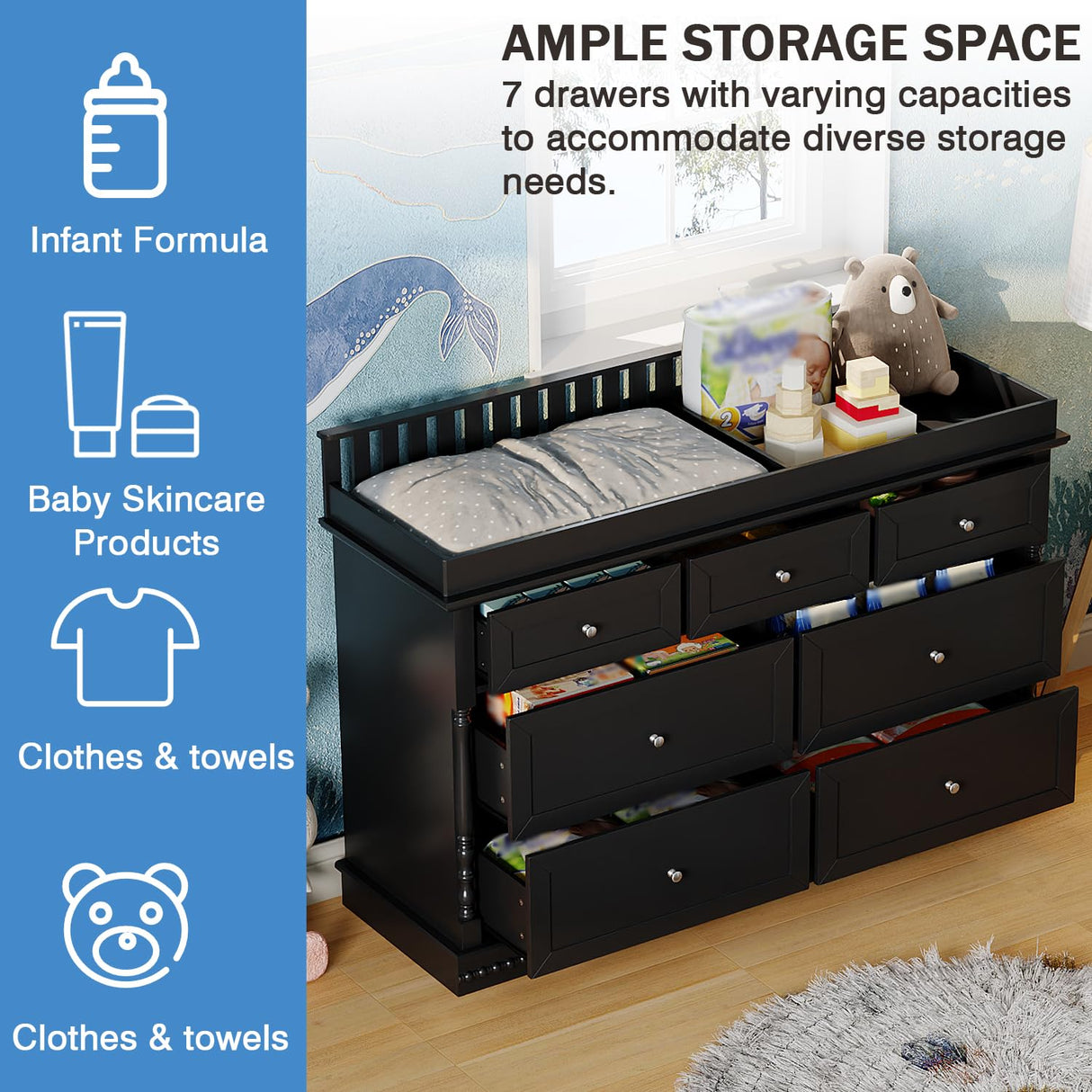 Timechee Baby Dresser with Changing Table Top, Black Dresser for Nursery with 7 Storage Drawers, Multi-Functional Baby Changing Table, Modern Diaper Nursery Dressers Station for Kids Bedroom Timechee