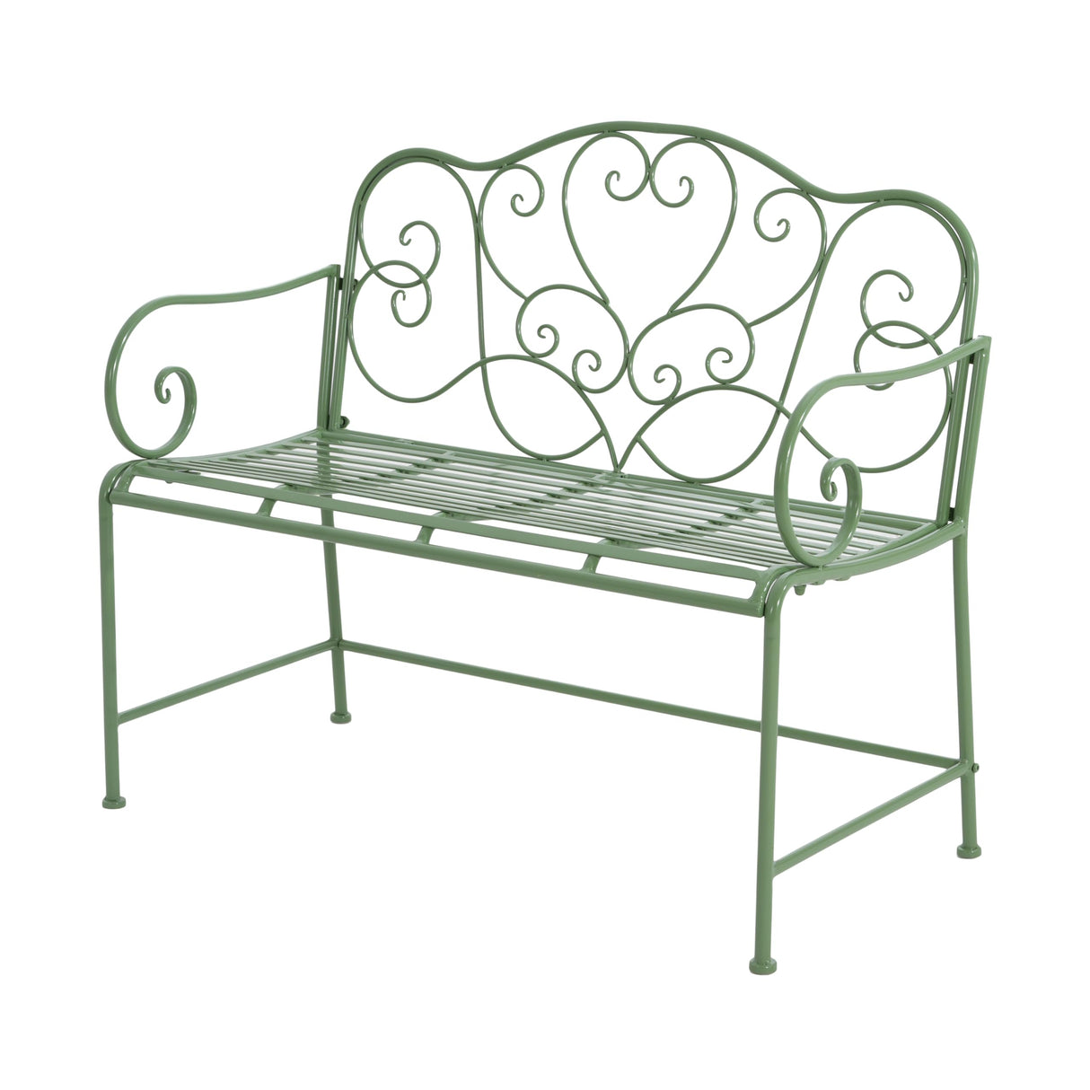 Outdoor Garden Bench, Sturdy Iron 2-Seater with Decorative Backrest, Weather-Resistant Metal Loveseat for Patio, Porch, Lawn, Romantic Green Finish, Ventilated Seat, Easy Maintenance, Matte Green GDFStudio