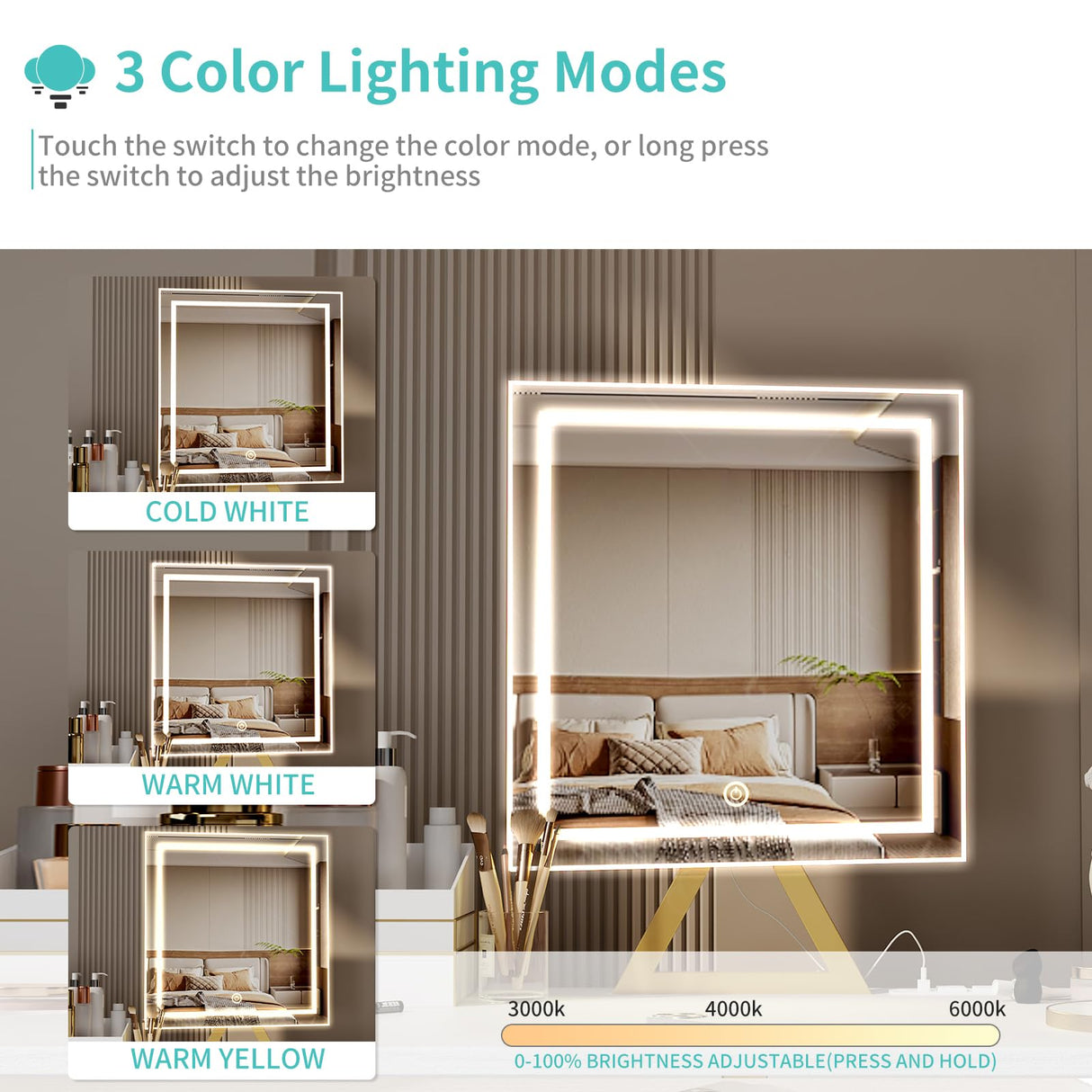 Lufeiya Small Makeup Vanity Desk with Fabric Drawers, 32 inch White Vanity Desks with Mirror and Light, Dressing Table and Chair Set with Power Outlet for Girls Bedroom, White Gold Lufeiya