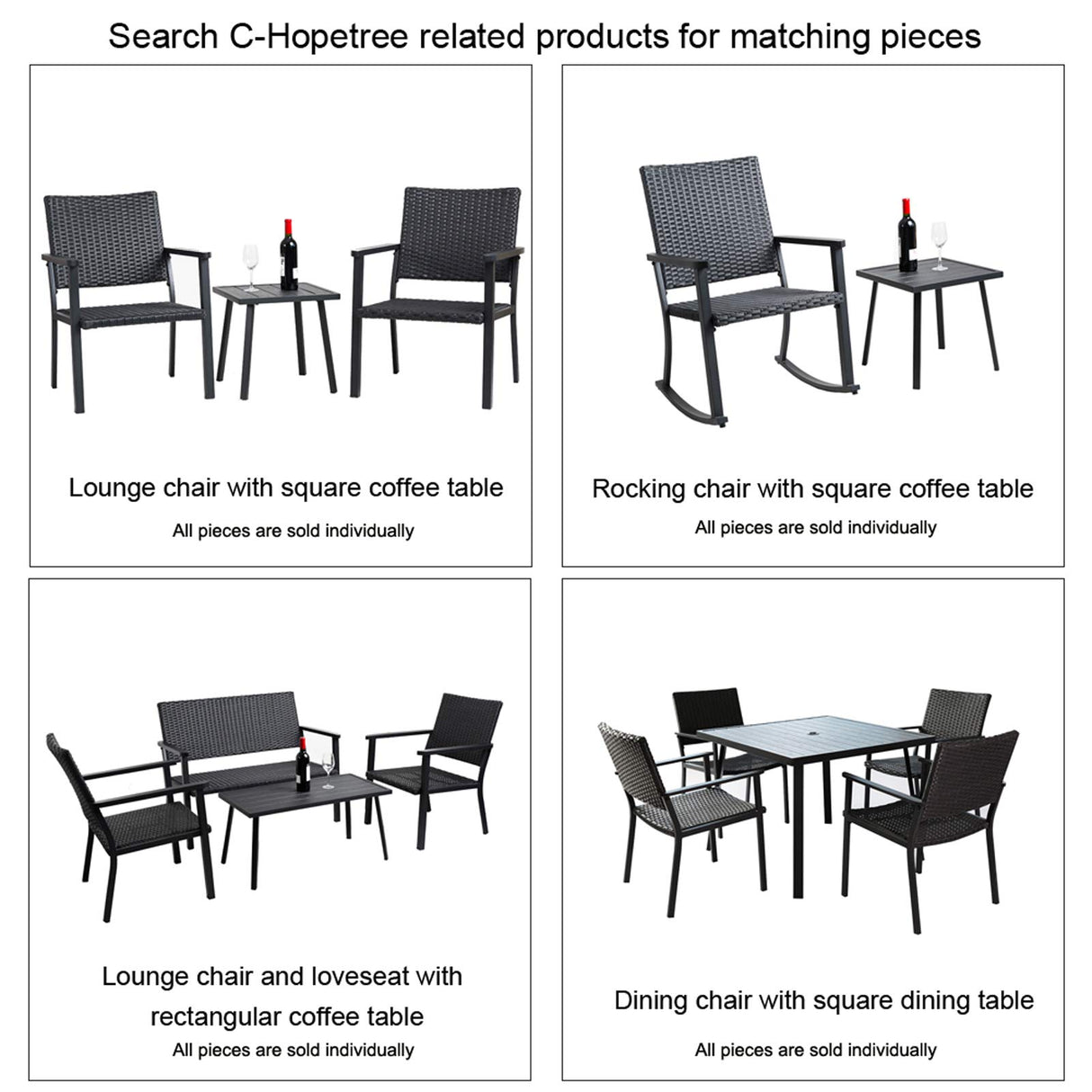 C-Hopetree Outdoor Loveseat Bench Chair for Outside Patio Porch, Metal Frame, Black All Weather Wicker C-Hopetree