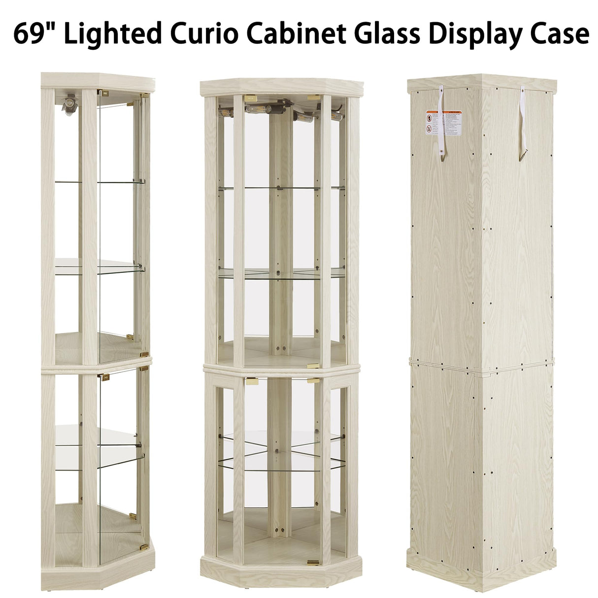TRJQBCC 69" H Lighted Corner Display Cabinet, Curio Corner Glass Cabinet w/Adjustable Shelves & Glass Door, 5-Tier Wooden Storage Display Case w/Mirrored Back Pane for Living Room (Antique White) TRJQBCC