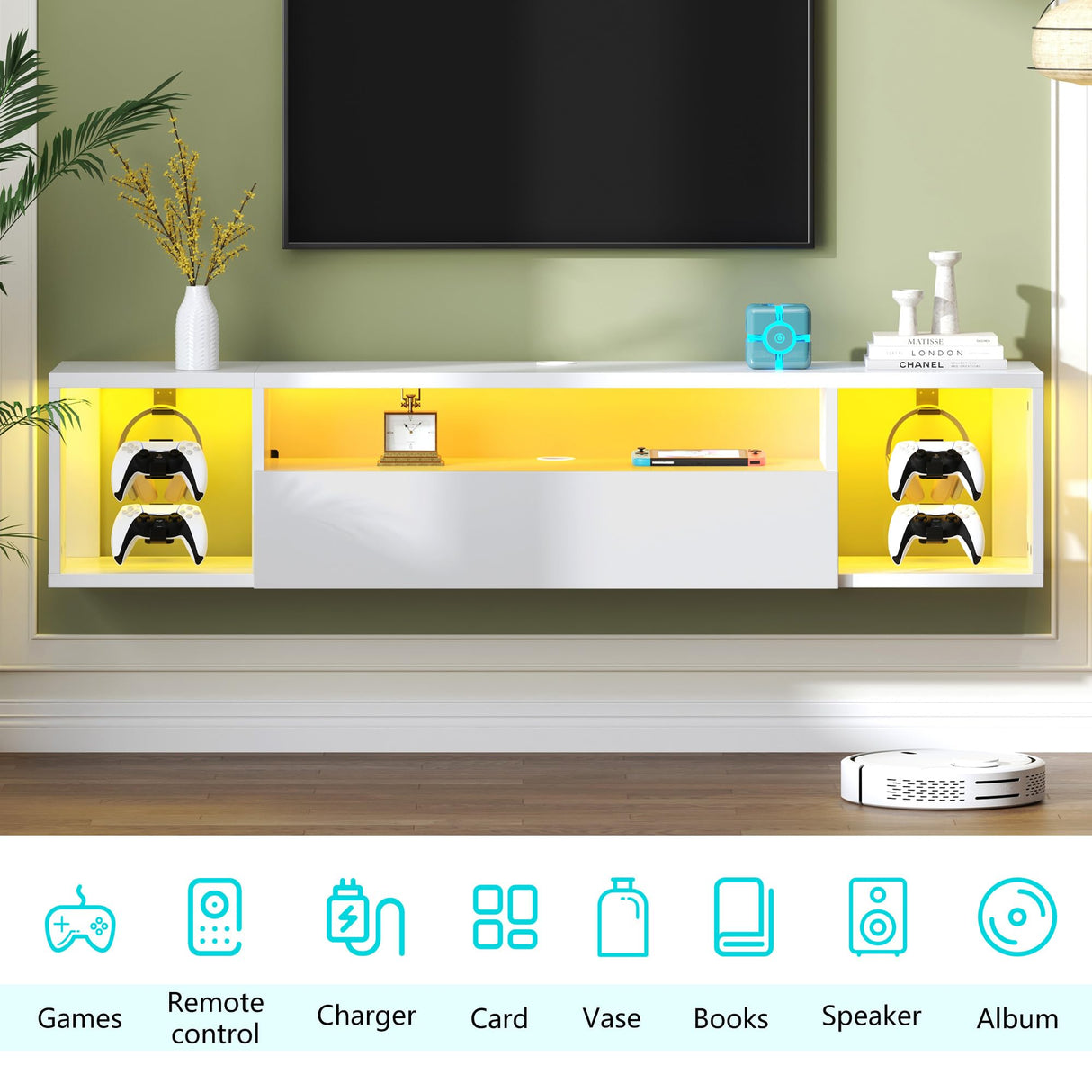 DlandHome Floating TV Stand with LED Lights,Wall Mounted TV Shelf with Led Lights, 55.1" Modern Entertainment Center Media Console with Storage,White DlandHome