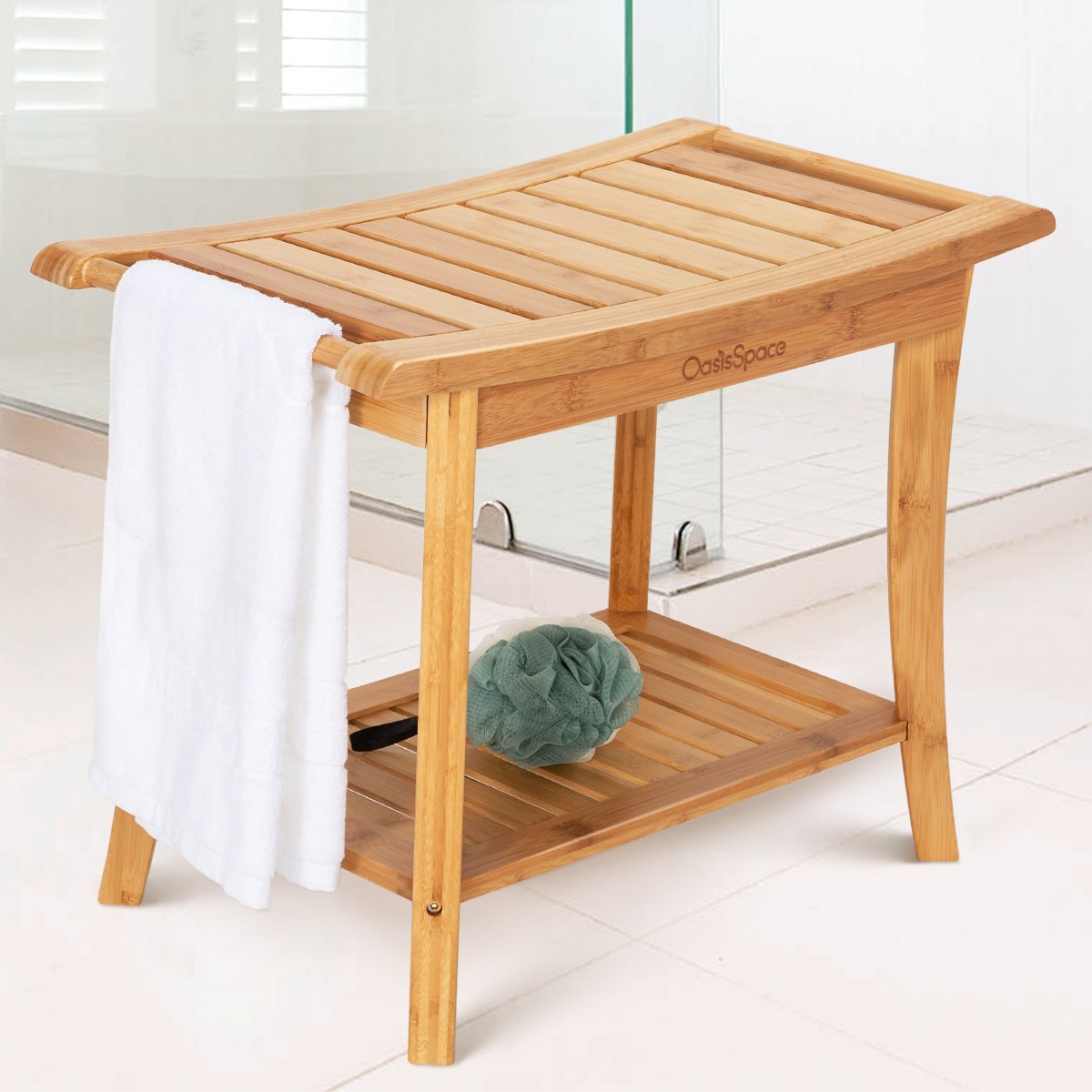 OasisSpace Bamboo Shower Bench, 24" Waterproof Shower Chair with Storage Shelf, Wood Spa Bath Organizer Seat Stool, Perfect for Indoor or Outdoor OasisSpace
