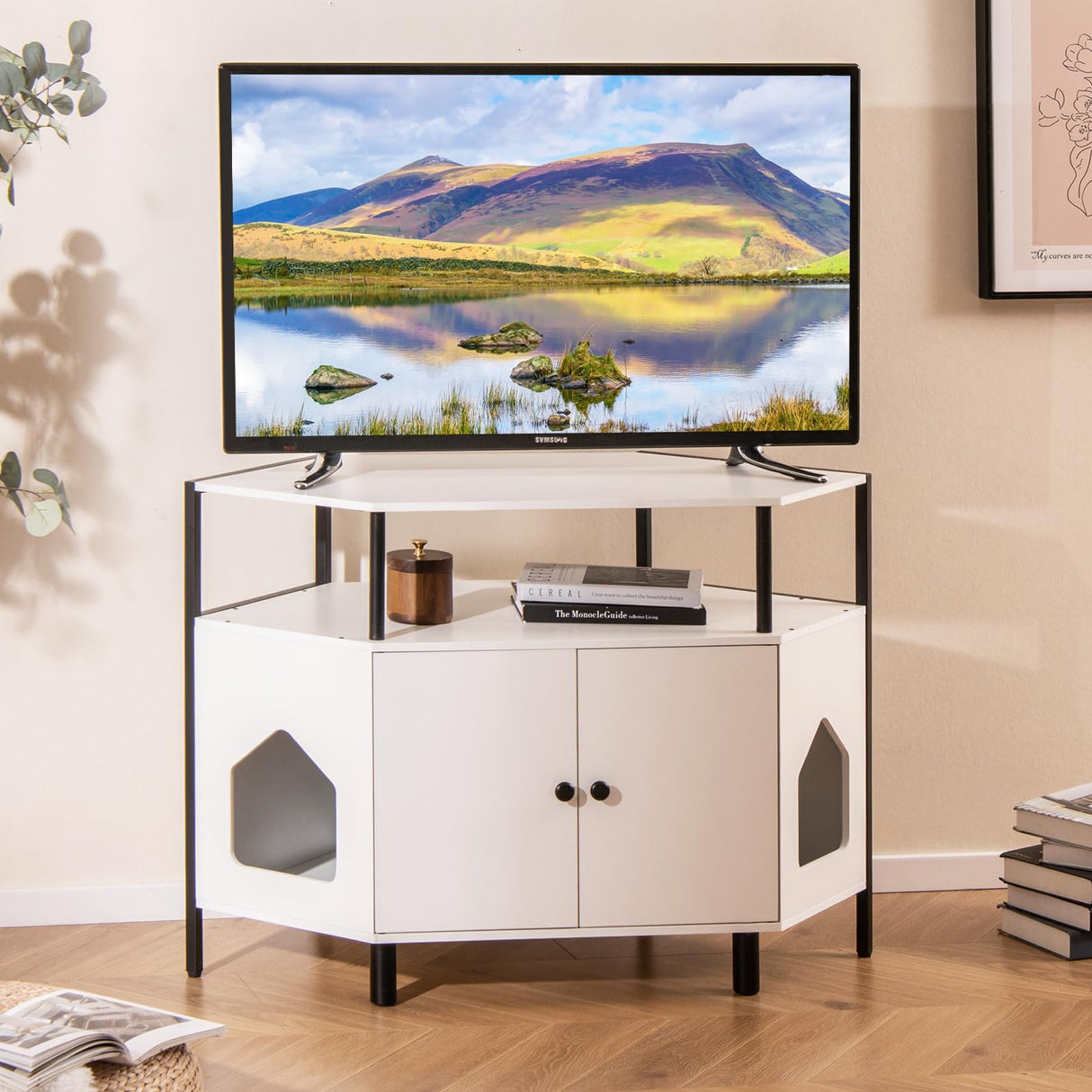 Tangkula Corner Litter Box Enclosure, Double Enclosed Litter Box Furniture with Open Shelf, 2 Entrances, Hidden Cat Washroom, Large Cat Box Cabinet for Indoor Cats (White) Tangkula