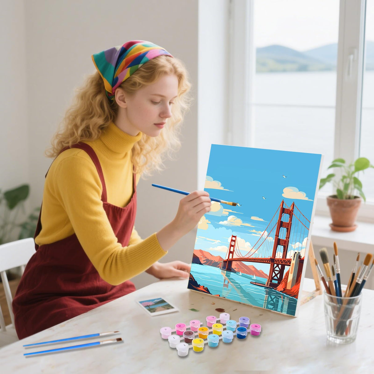 xcemhil 4 Pack Paint by Number for Adults Canvas with Wooden Frame, Paint by Number Kit for Adults Landscape, Famous City Paint by Numbers with Wooden Easel for Home Wall Art Decor Use 8x12 Inch xcemhil