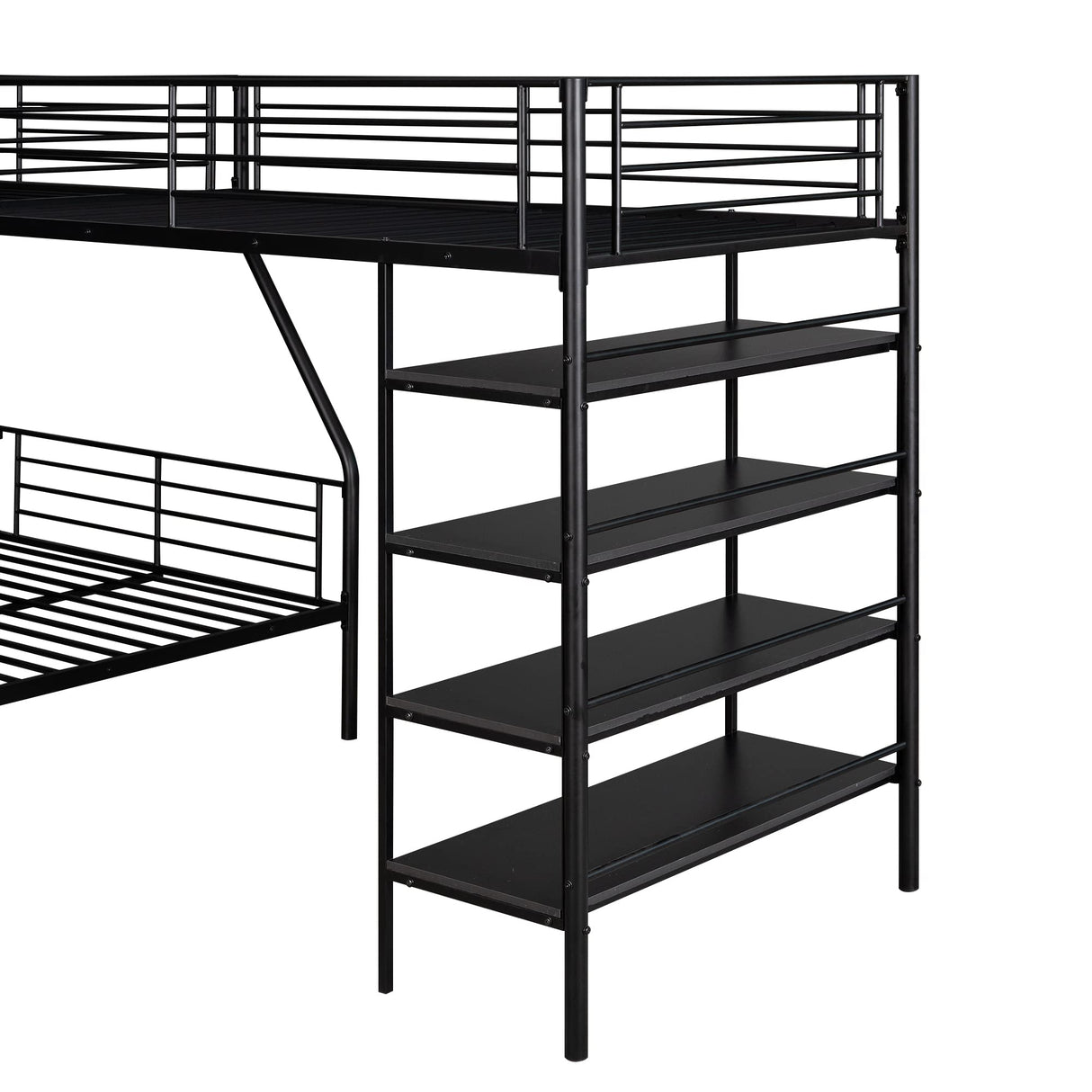 P PURLOVE Twin Over Full L-Shaped Bunk Bed and Twin Size Loft Bed with Ladder and Safety Guardrail, Metal Bunk Bed Frame with Four Built-in Shelves, for 4, Bedroom, Home, No Box Spring Needed, Black P PURLOVE