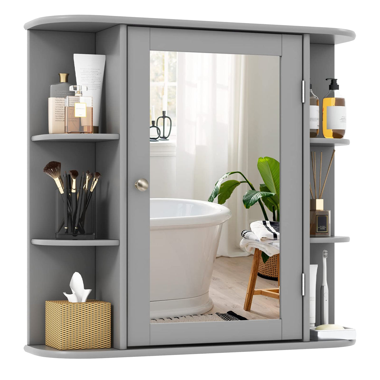 Tangkula Bathroom Medicine Cabinet with Mirror, Wall Mounted Home Storage with Door & 6 Open Shelves, Adjustable Shelves, Mirrored Bathroom Wall Cabinet (Gray) Tangkula