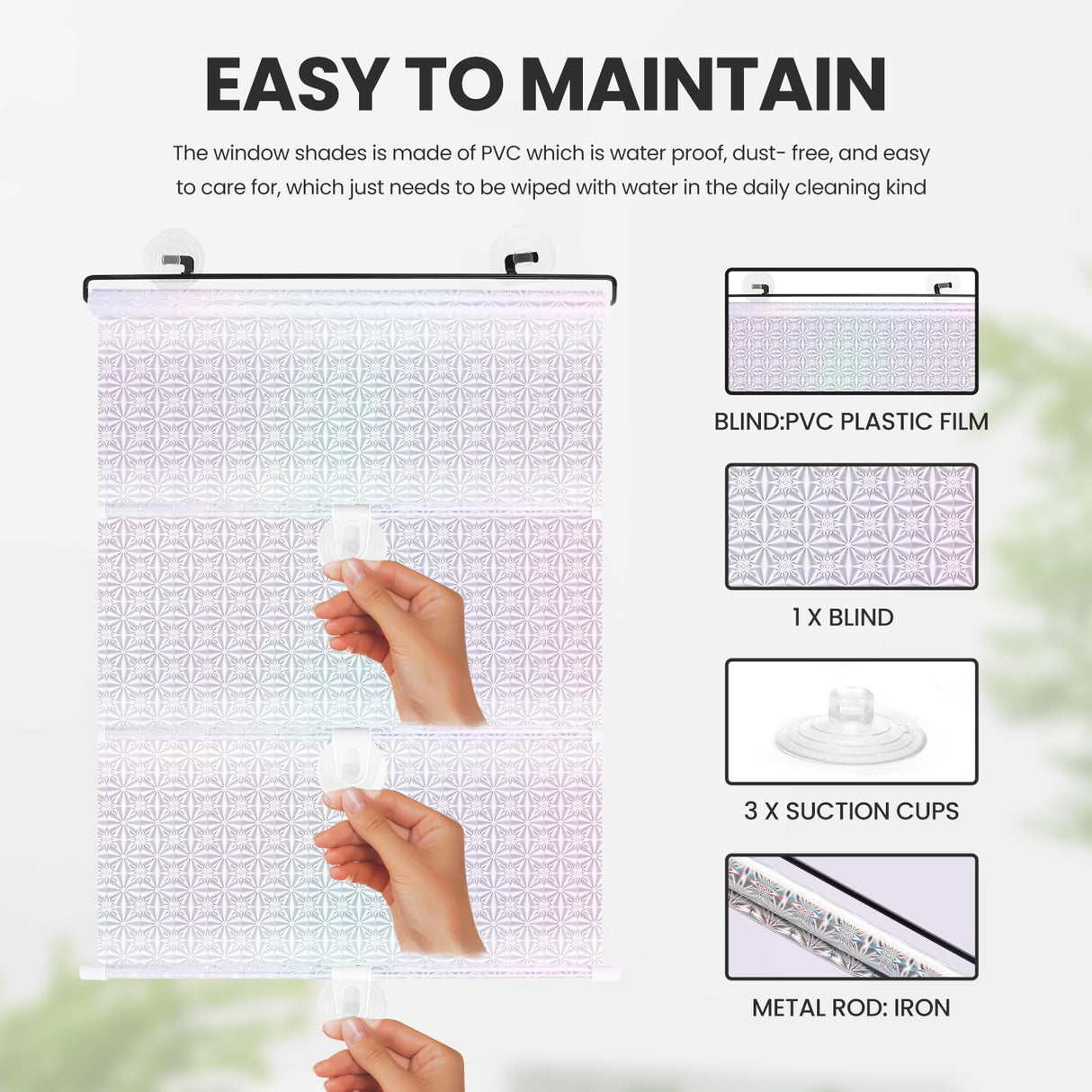 No Drilling Retractable Roller Window Shades W/3 Suction Cups, Black Blackout Blind Shade Temporary Cover Curtain for Home Bedroom Car (23.62" L×15.75" W, Laser Pattern) WoodArtSupply