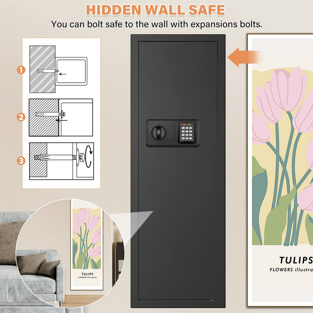 43.3" Tall Fireproof Wall Safes Between the Studs 16" Centers, Electronic Hidden Safe with Removable Shelf, Fireproof in Wall Safe for Money Jewelry Passport GUVELI