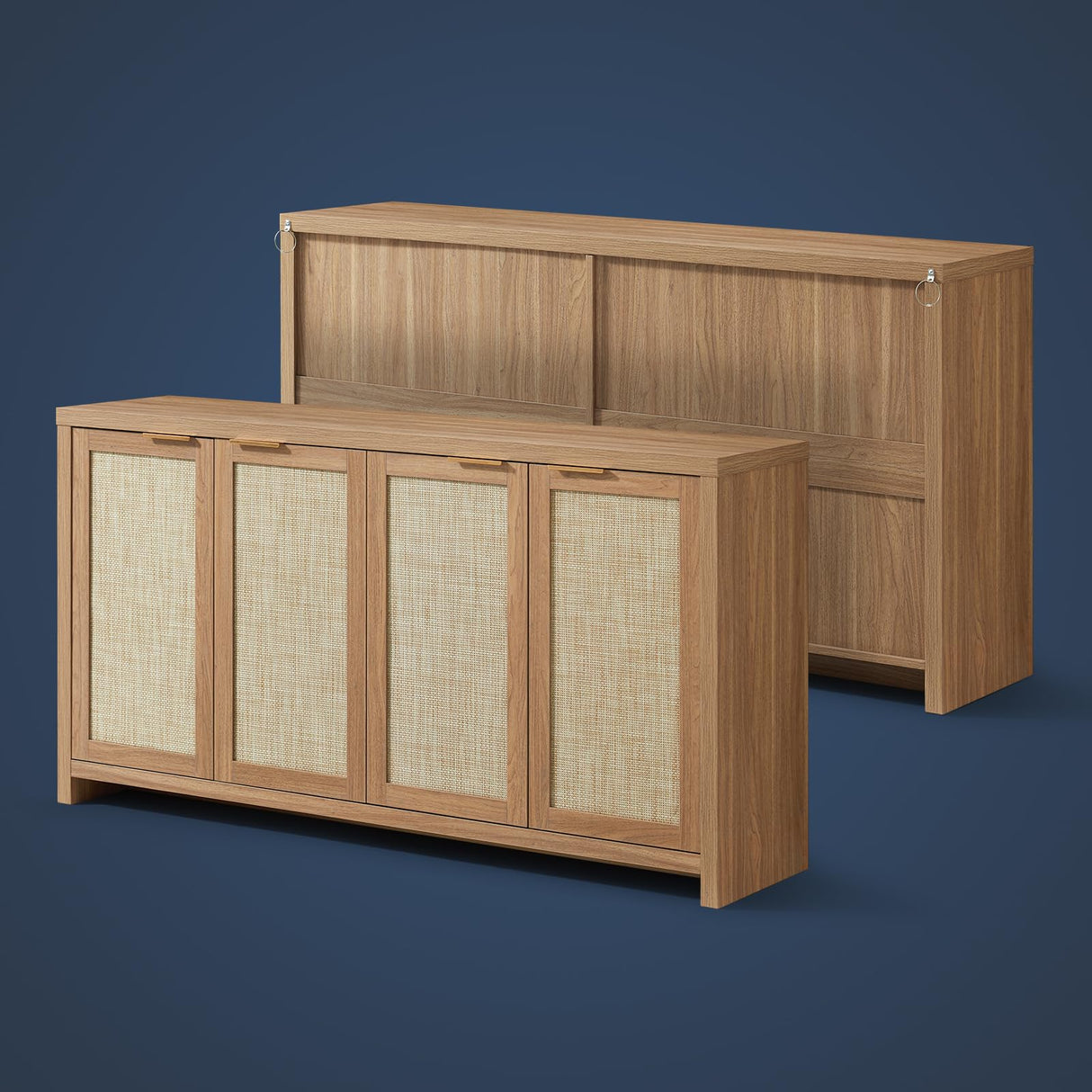 OAKHAM HOME Hampstead Rattan 4-Door Storage Sideboard Cabinets with Adjustable Shelves, Boho Accent Buffet Cupboard Console for Kitchen, Living Room, and Hallway OAKHAM HOME