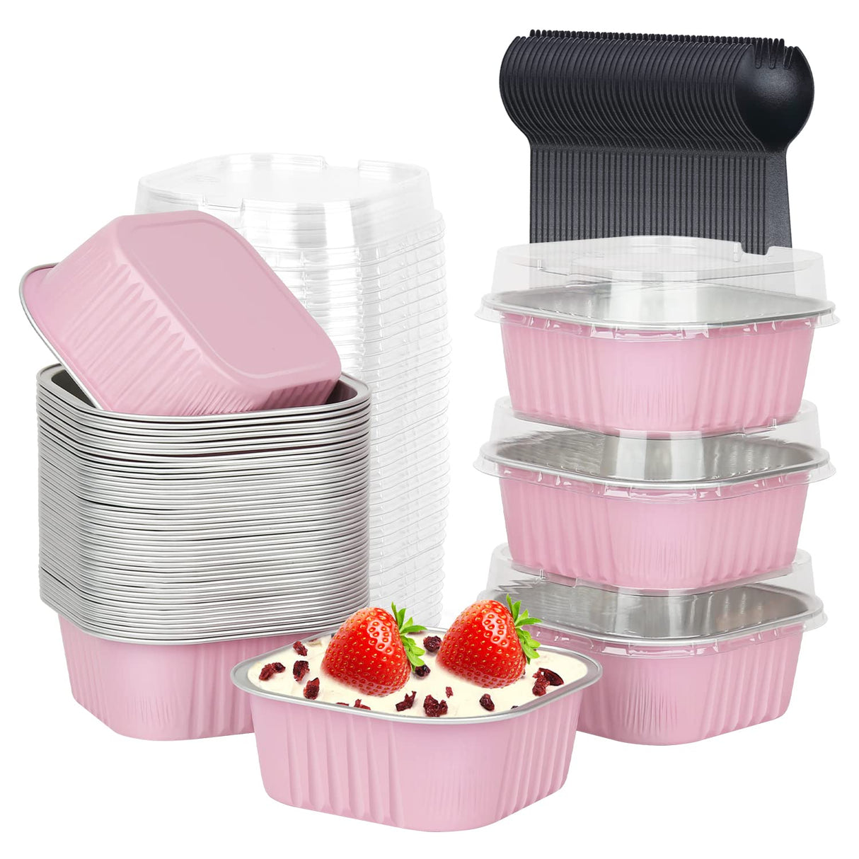10oz Mini Cake Pans With Lids 40 Pack,LNYZQUS Aluminum Foil Square Brownie Baking Cups,Disposable 4”x4” Large Cupcake Pan,Jumbo Muffin Tin Ramekins Holders-Pink LNYZQUS