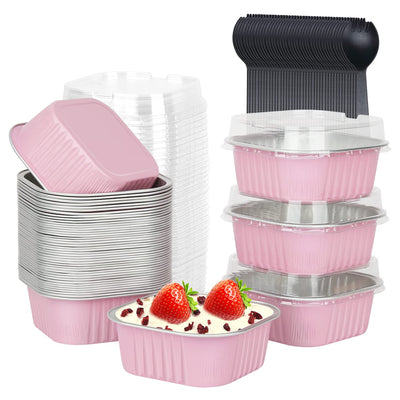 10oz Mini Cake Pans With Lids 40 Pack,LNYZQUS Aluminum Foil Square Brownie Baking Cups,Disposable 4”x4” Large Cupcake Pan,Jumbo Muffin Tin Ramekins Holders-Pink