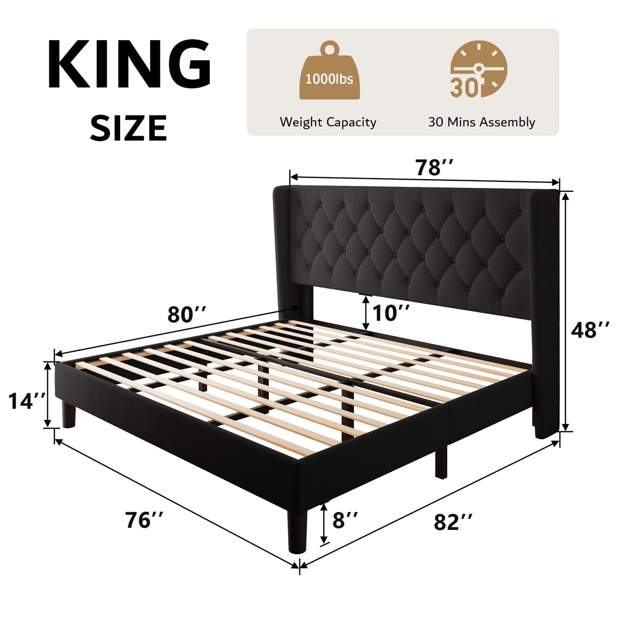 iPormis King Size Platform Bed Frame with Button Tufted Headboard, Upholstered Bed Frame with Solid Wooden Slats, 8" Underbed Space, No Box Spring Needed, Noise Free, Easy Assembly, Black iPormis