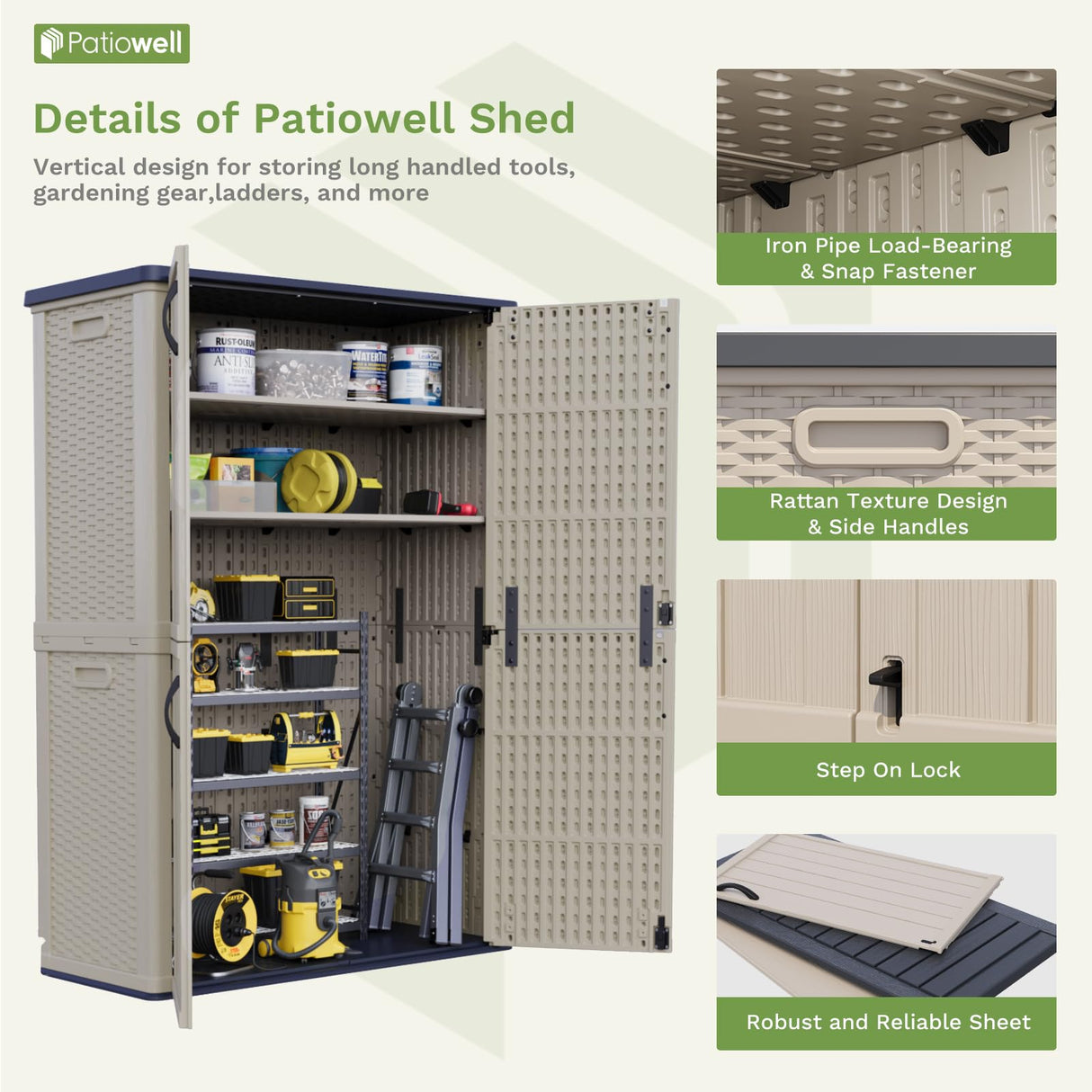 Patiowell 50 cu.ft Plastic Outdoor Storage Shed, Lockable Waterproof Resin Storage Cabinet Vertical Storage Shed for Garden Tools, Garbage Cans, Pool Supplies, Beige(Not Include Shelves) Patiowell