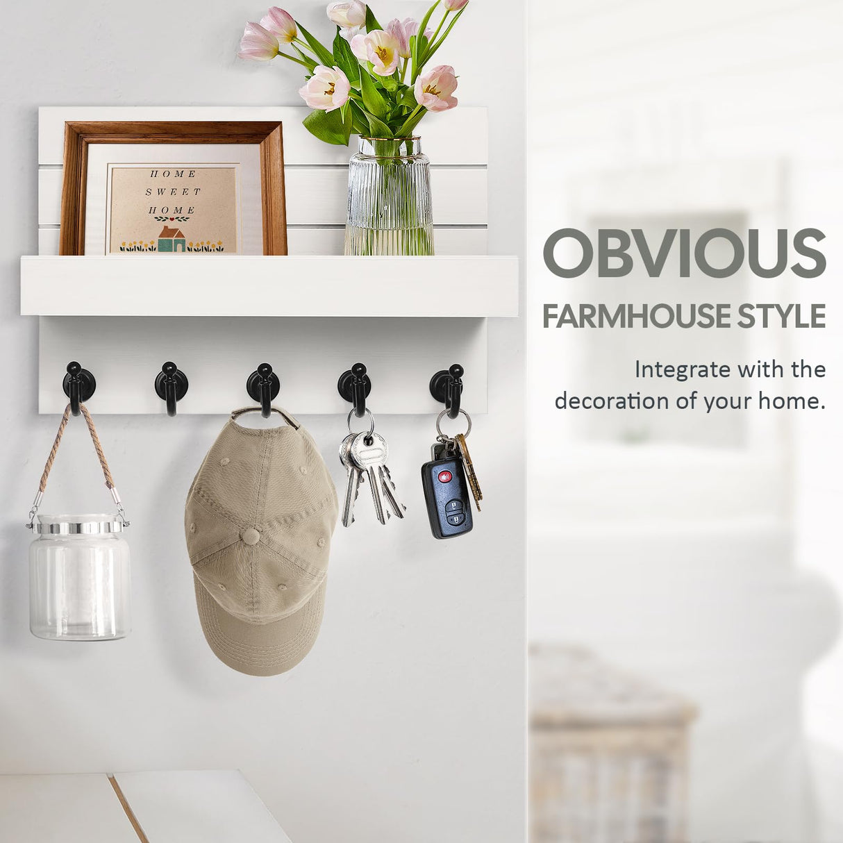 HONJIN Key Holder for Wall: Easy Installation Mail Organizer Wall Mount Hanging Key Rack for Kitchen and Entryway Decor with 5 Sturdy Key Hooks (White) HONJIN