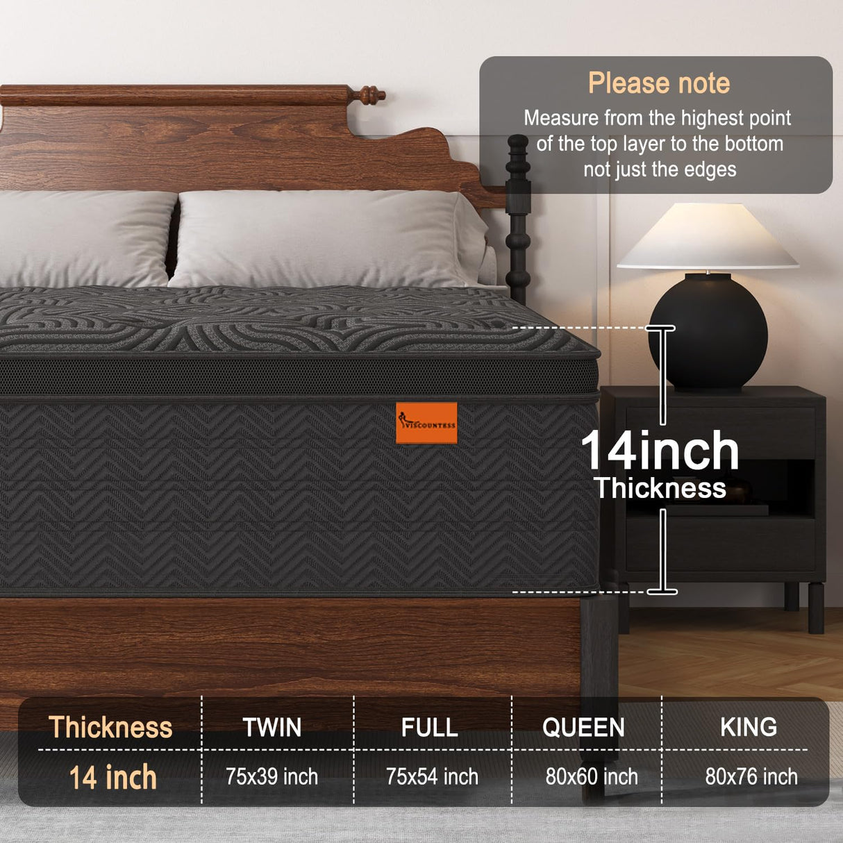 VISCOUNTESS King Size Mattress, 14 Inch Hybrid Mattresses with Durable Support, Motion Isolation & Individually Poctet, 100 Night Trial, Pressure Relief for Silent Sleep VISCOUNTESS