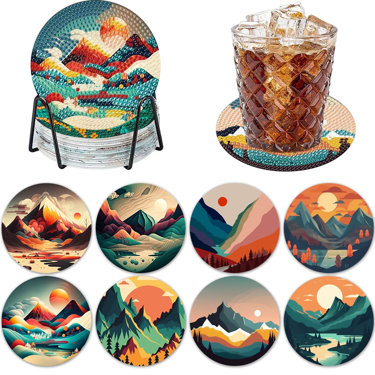 ijbnhd 8 Pcs Sunset Diamond Painting Coasters with Holder, Abstract Landscape Diamond Art Coasters Diamond Painting Kits for Beginners, Adults Art Craft Supplies ijbnhd