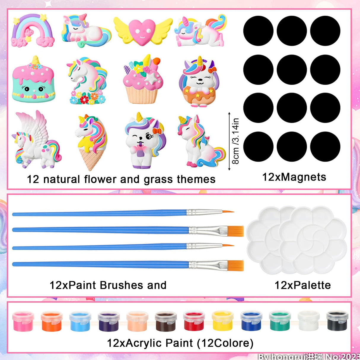 HyDren 12 Sets Arts and Crafts Painting Kit for Kids Unicorn Unpainted DIY Ceramic Figurines Paint Your Own Figurines with Magnets, Paintbrushes, Palettes for Kids Adults(Unicorn Theme) HyDren