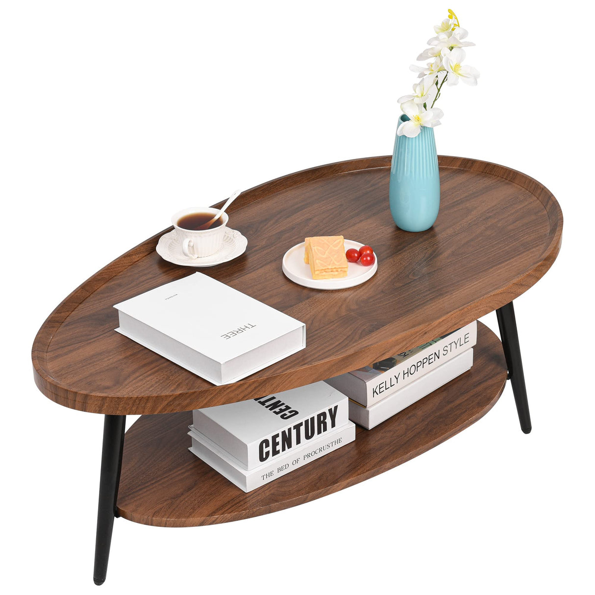 Zedesey 2-Tier Coffee Table Water-Shaped Wood Center Table Mid Century Oval Coffee Table Rustic Farmhouse Coffee Table for Living Room, Bedroom, 40", Brown Zedesey