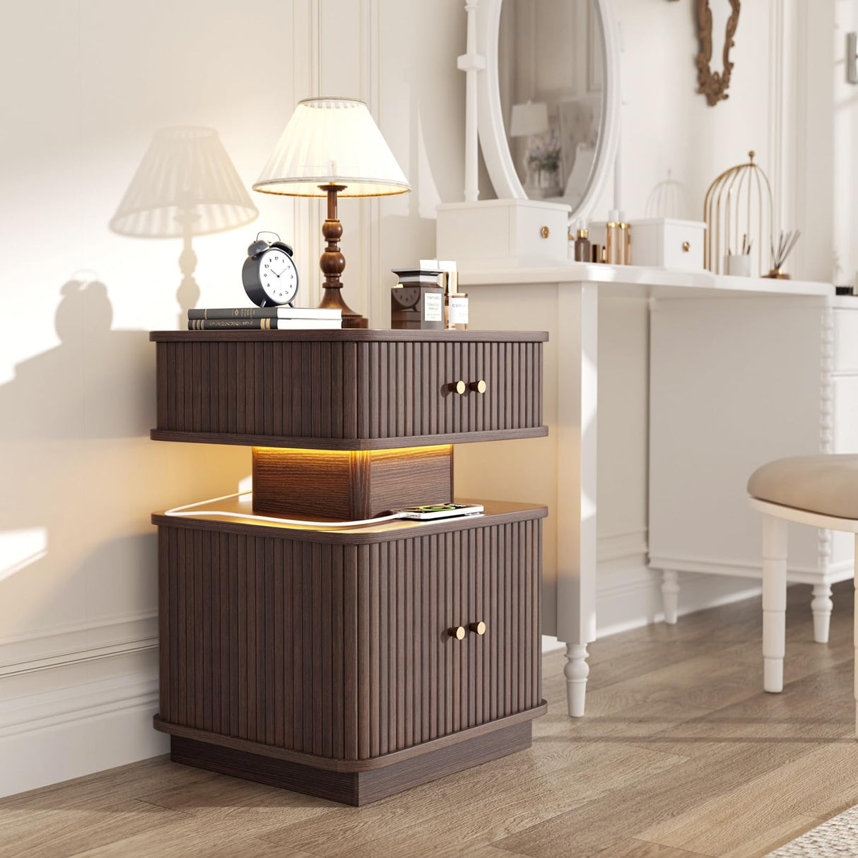 Night Stand, LED Nightstand, Modern Nightstand with Charging Station, Night Stand with 2 Drawers and Sliding Door, Curvy Edge, Small Bedside Table for Bedroom, Walnut AKMAKM