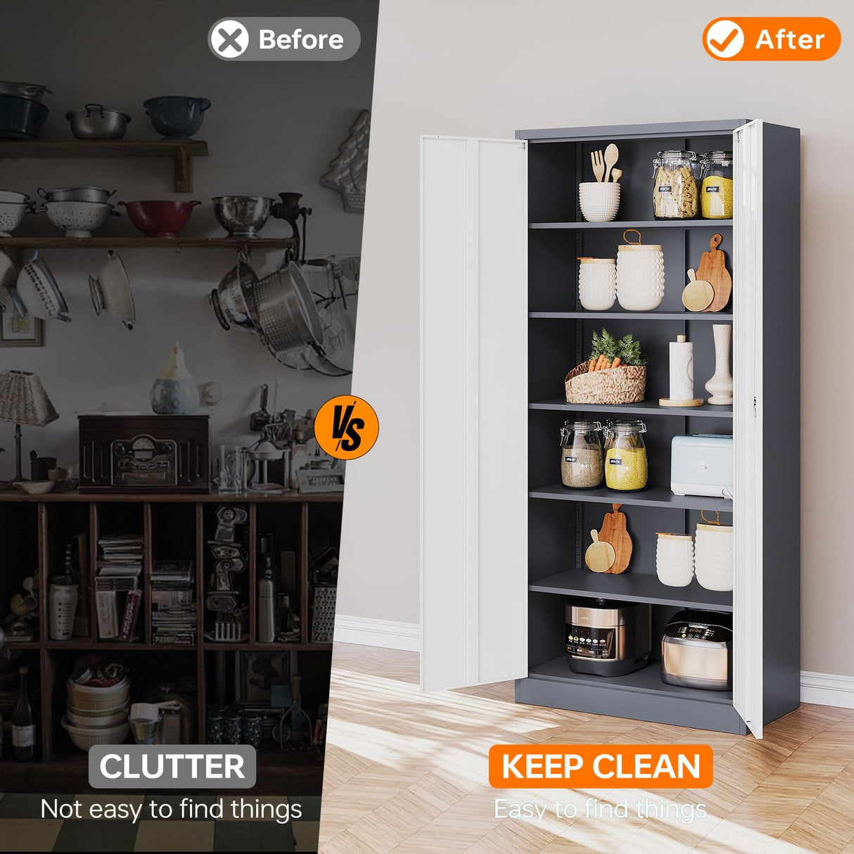 NODHM Metal Garage Storage Cabinets with Lock, 72" Storage Cabinet with Doors and Adjustable Shelves Tool Garage Cabinet for Home,Office,Warehouse (Gray & White) NODHM