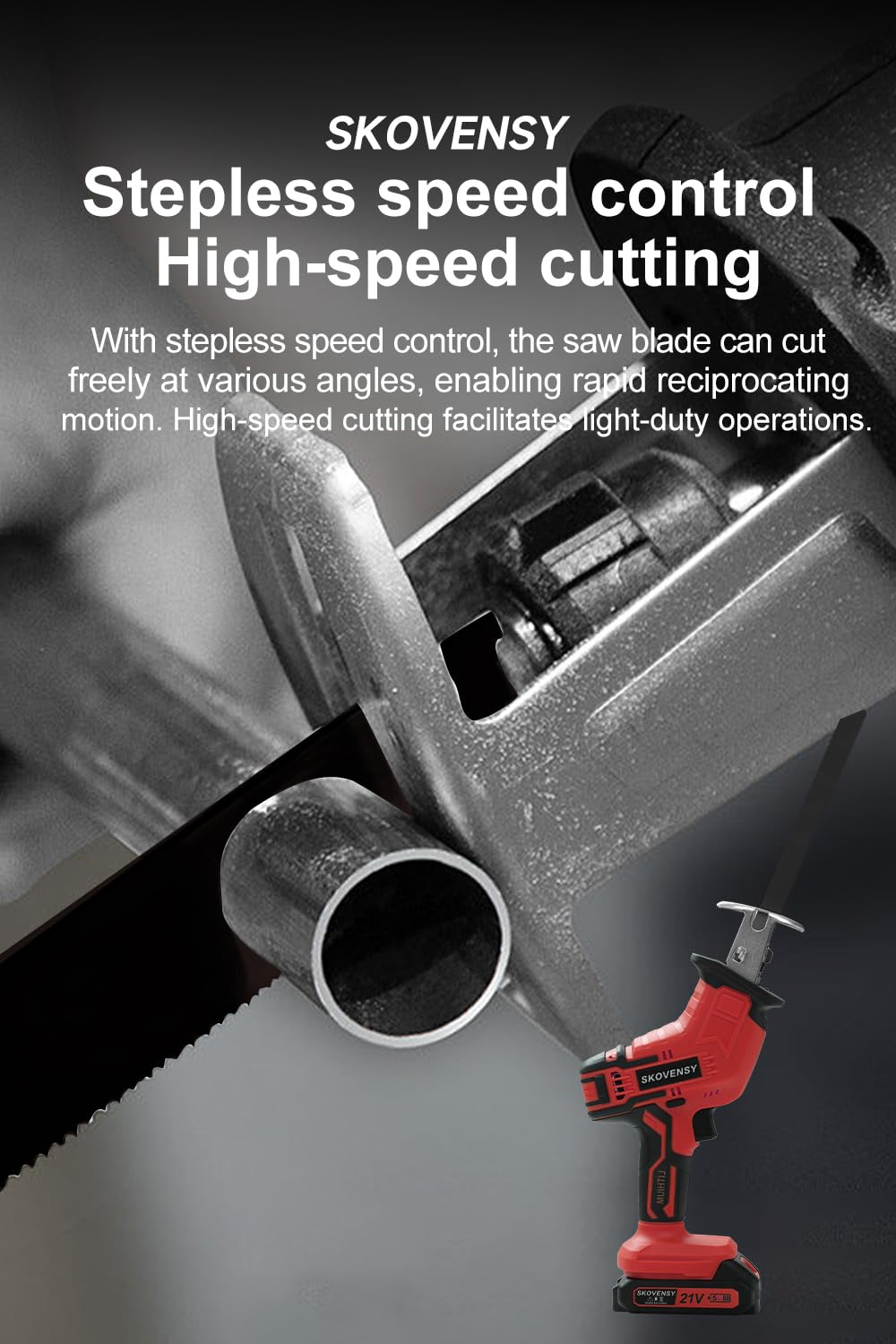 Cordless Reciprocating Saw for Home & Outdoor Use, 2×2.0Ah Batteries, Variable Speed, Red Compact Saw Kit with Blades for Wood/Metal/PVC Cutting – Ideal for DIYers & Gardeners in All Seasons SKOVENSY