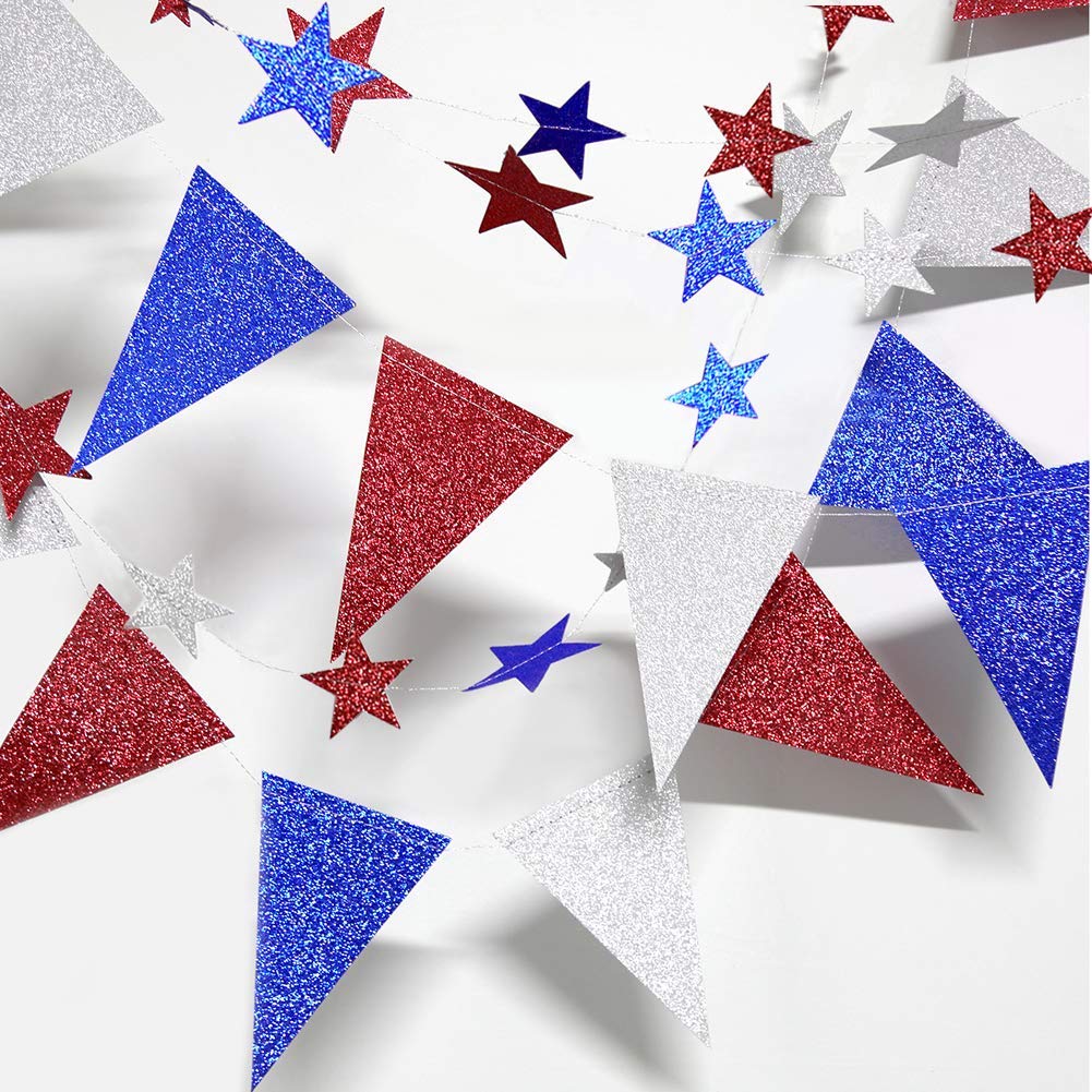 Decor365 Red Blue White/Silver Star Garland Triangle Pennant Banner Kit 4th/Fourth of July USA America Independent Day Celebration Decor Party Hanging Decoration for Bithday/Wedding/Home/Cavinal/Home Decor365