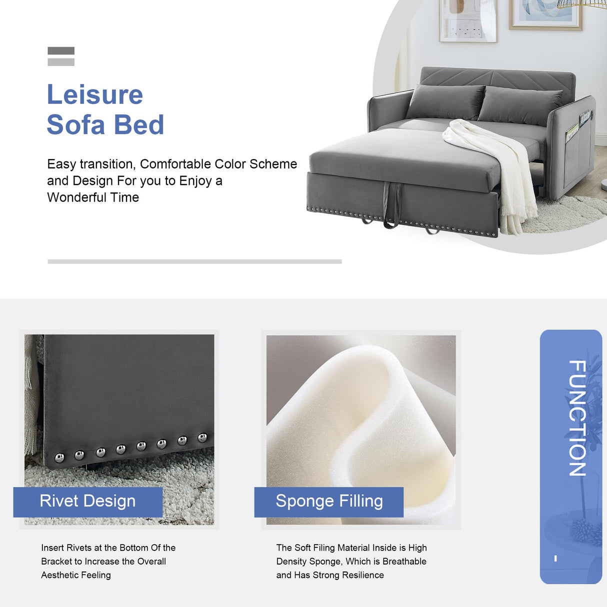 SumKea 3-in-1 Sleeper USB Port Adjustable Velvet Convertible Sofa with Pull Out Bed, 2 Pillows & Side Pocket – Ideal for Living Room and Bedroom, Grey SumKea