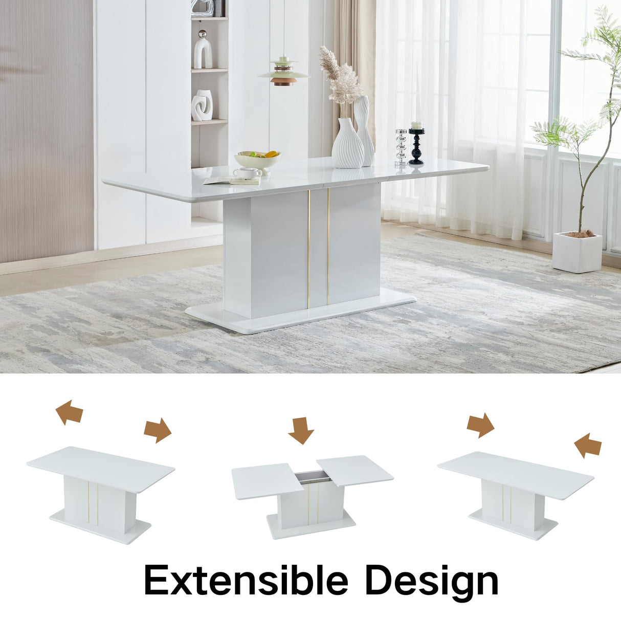 9-Piece High Gloss Dining Table with 8 Beige Fabric Durable Metal Legs Chairs for 6-8 Persons, 63-80.7'' Contemporary Extendable Table Set for Dining Room, Conference Room, Reception Area, White Homy Casa