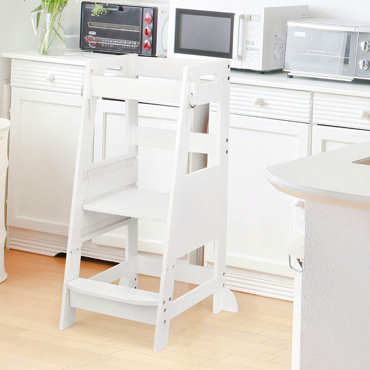 TOETOL Bamboo Toddler Kitchen Step Stool White Helper Standing Tower Height Adjustable with Anti-Slip Protection for Kids Kitchen Counter Learning TOETOL