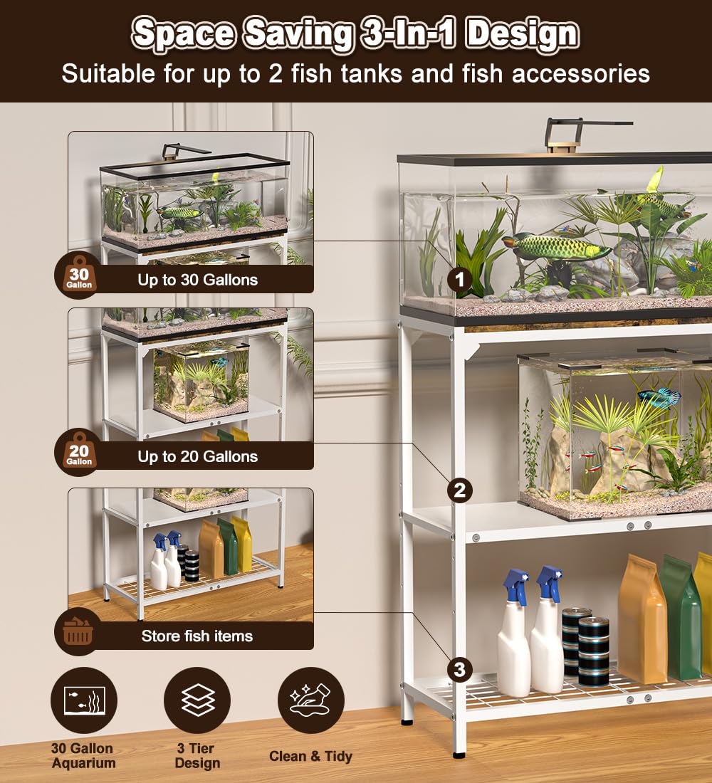 AnBaiMei 20-30 Gallon Aquarium Stand, Fish Tank Stand with Adjustable 3-Tier Storage Shelf, Heavy Duty Reptile Breeder Turtle Tank Terrarium Rack Table for Home Office, 30" L x 12" W x 32.2" H, White AnBaiMei