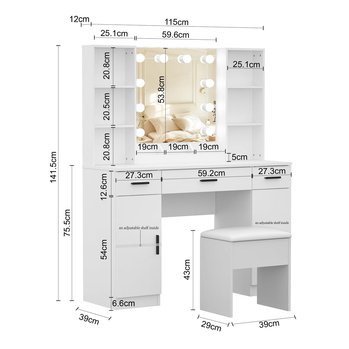 Vanity Desk, Makeup Table with Lights Vanity Set with 3 Drawers, 1 Cabinet & 6 Shelves 3 Lighting Modes Brightness Adjustable Dressing Table with Cushioned Stool for Bedroom, Dressing Room (White) Panana