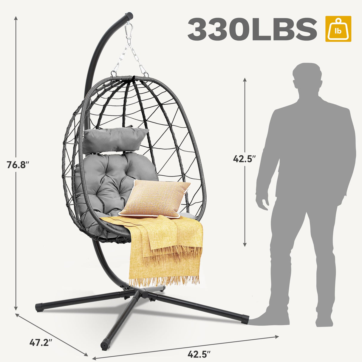 DWVO Egg Hanging Swing Chair with Stand Egg Chair Wicker Egg Chair with Cushions 330lbs for Patio, Bedroom, Garden and Balcony, Gray DWVO