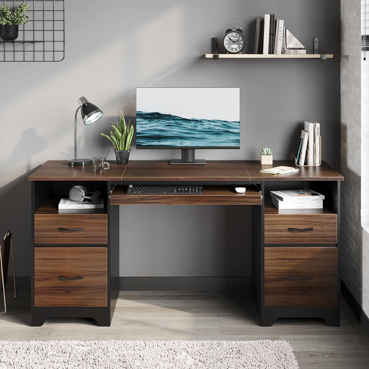 Bestier 59” Computer Desk with 4 Drawers, Office Desk with Storage, Industrial Executive Desk with File Drawer, Keyboard Tray & 2 Pedestals for Home Office & Studio, Cherry Bestier