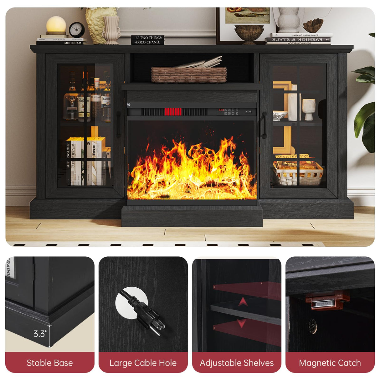 oneinmil Fireplace TV Stand with 3-Sided Glass, TV Cabinet for TVs up to 65", 59'' Modern Media Entertainment Center with Farmhouse Glass Door Storage Cabinets, for Living Room, Black oneinmil