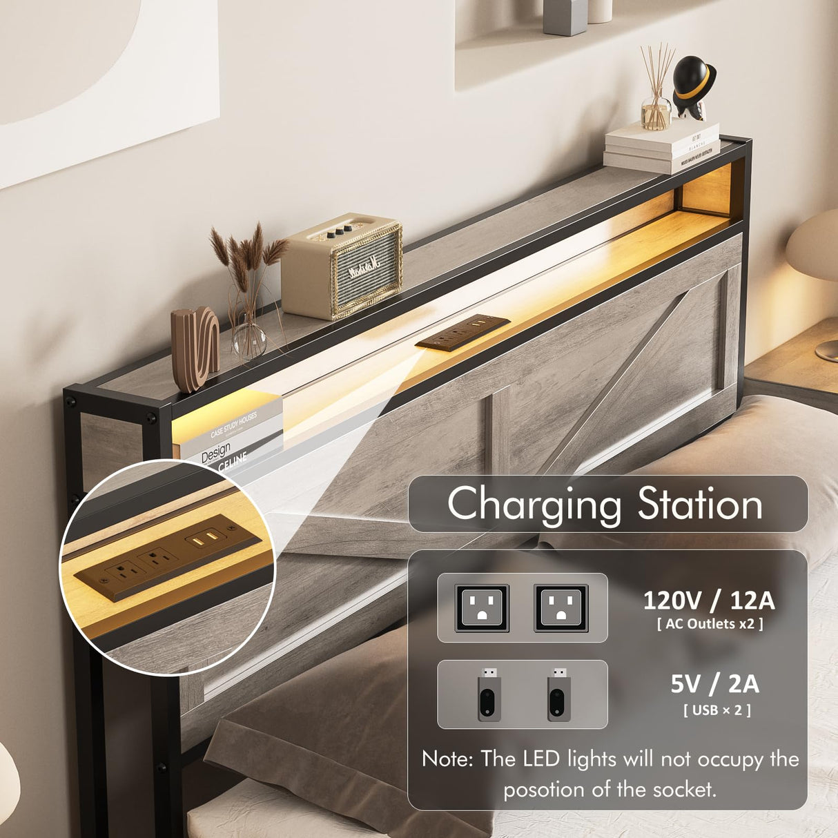 Halitaa LED Queen Size Bed Frame with Charging Station & 4 Drawers, Platform Metal Bed Frame with Headboard USB Ports Outlets, Farmhouse Bed Frame with LED Lights, Noise Free, Wash Grey (Queen) Halitaa